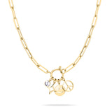Die Tamaris Halskette - Time to Smile ist eine goldene Edelstahlkette mit vier Glücksanhängern: Kristall, Herz, Smiley und Peace-Symbol.