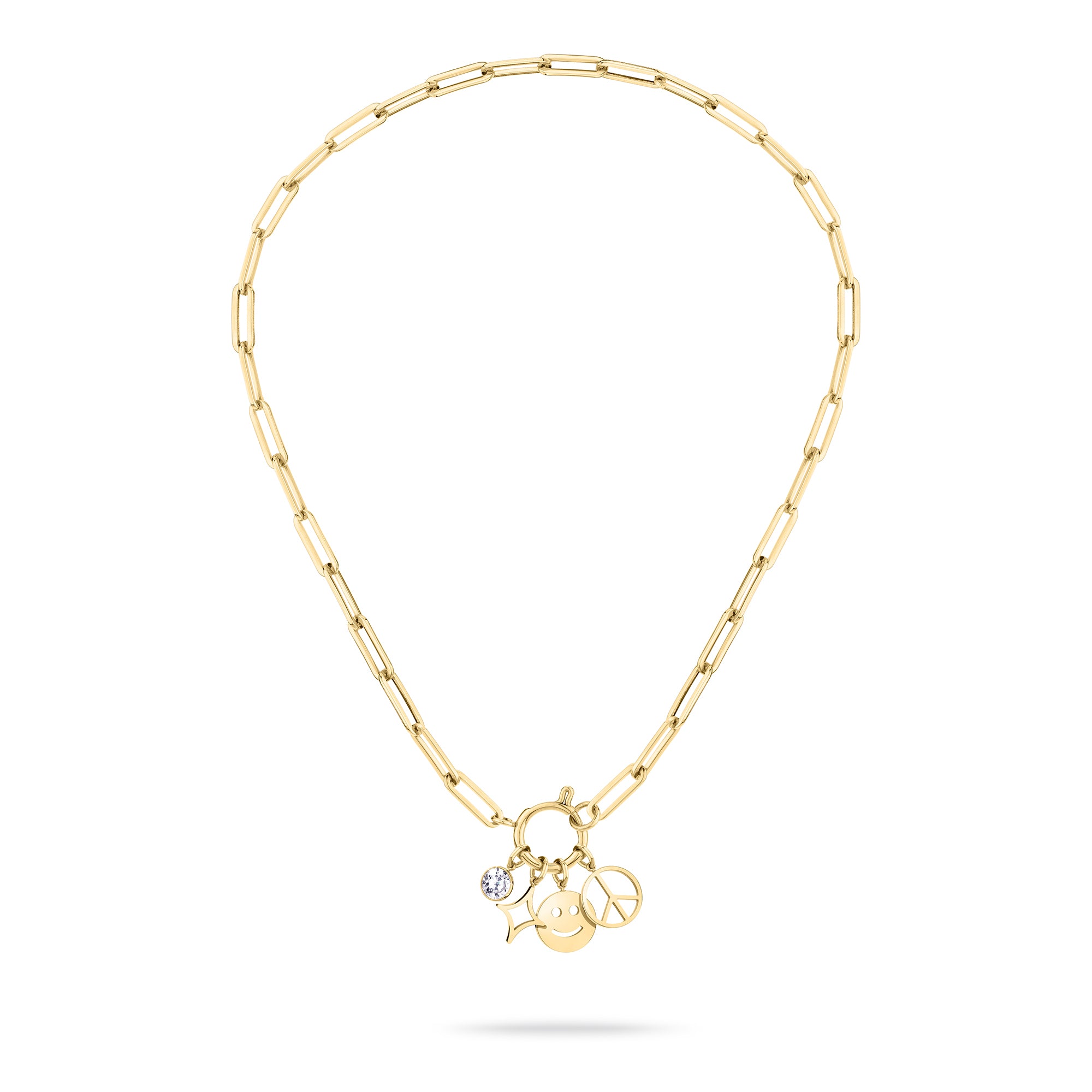 Die Tamaris Halskette - Time to Smile zeigt eine goldene Kette mit drei Glücksanhängern - einem Kristall, einem Smiley und einem Friedenszeichen - auf einer Edelstahlkette von Tamaris, die auf weißem Hintergrund abgebildet ist.
