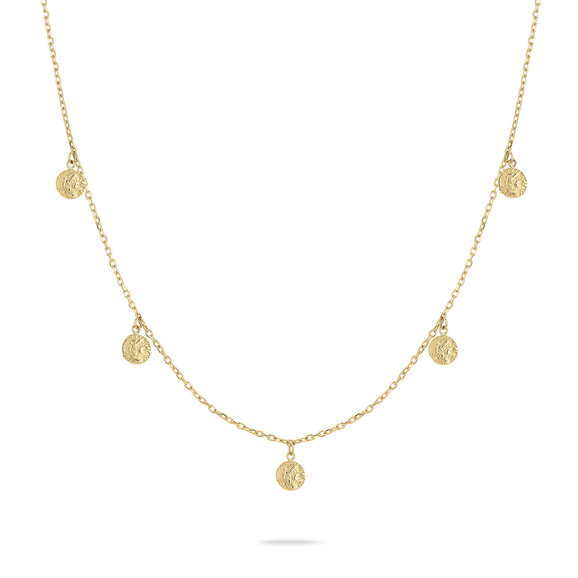 Die Tamaris Halskette - Coin von Tamaris ist eine goldene Edelstahlkette mit fünf gleichmäßig verteilten, runden Münz-Charms und wird stilvoll auf weißem Hintergrund präsentiert.