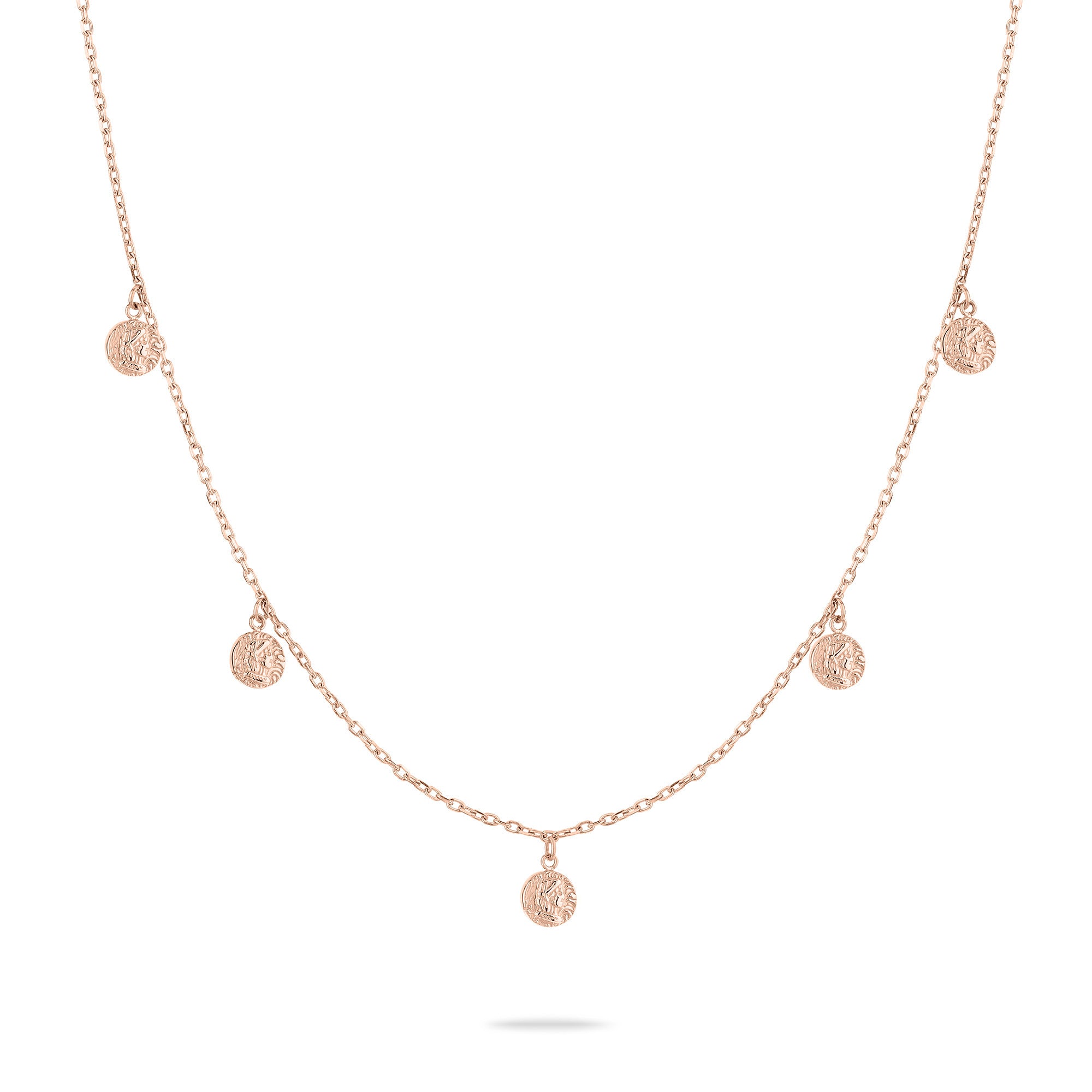 Die Tamaris Halskette - Coin von Tamaris ist eine zarte Goldkette mit fünf gleichmäßig verteilten, kleinen, runden, strukturierten Münzanhängern für einen zeitlosen Look.
