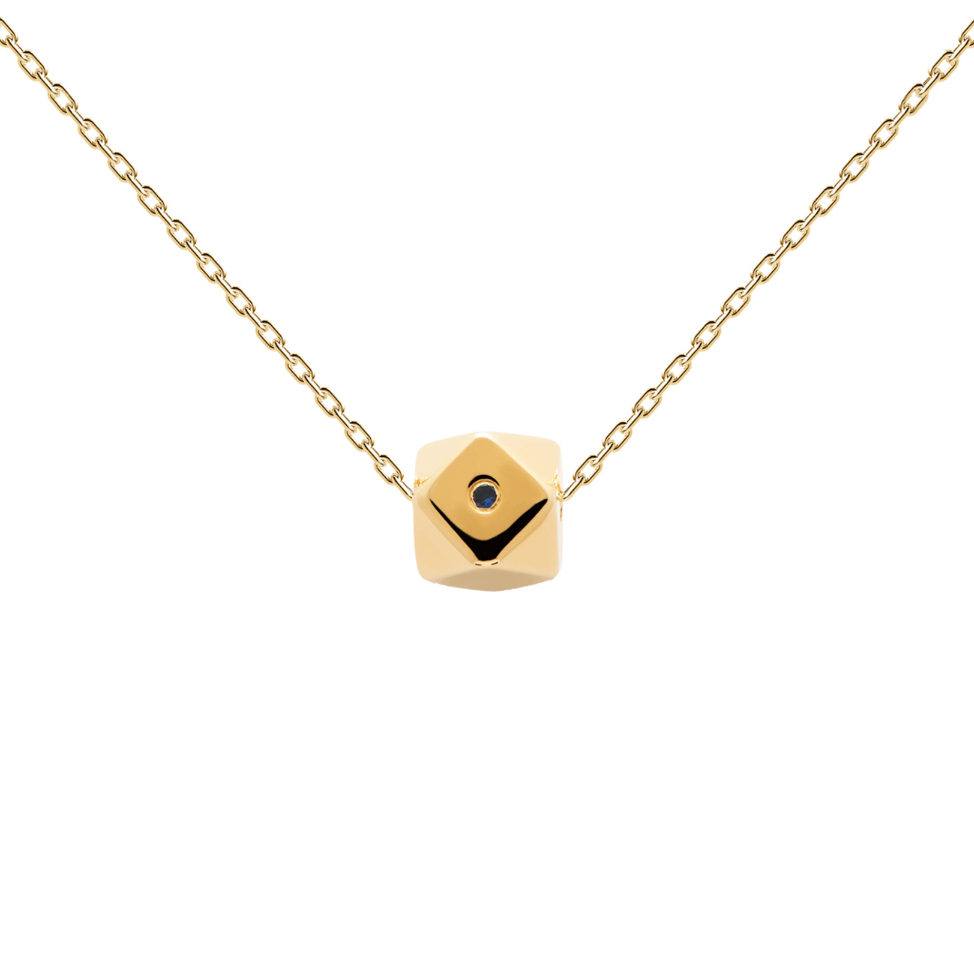 PDPaola Halskette bestehend aus einer goldenen Ankerkette und einem goldenen Anhänger in geometrischer Form; Produktbild