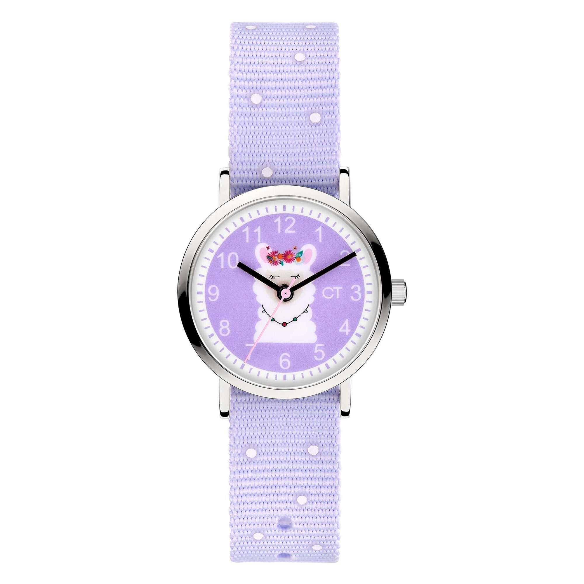 Cool Time Kids Armbanduhr mit lila Zifferblatt mit Lama-Design, silbernem Gehäuse und lila Textilband; Produktbild