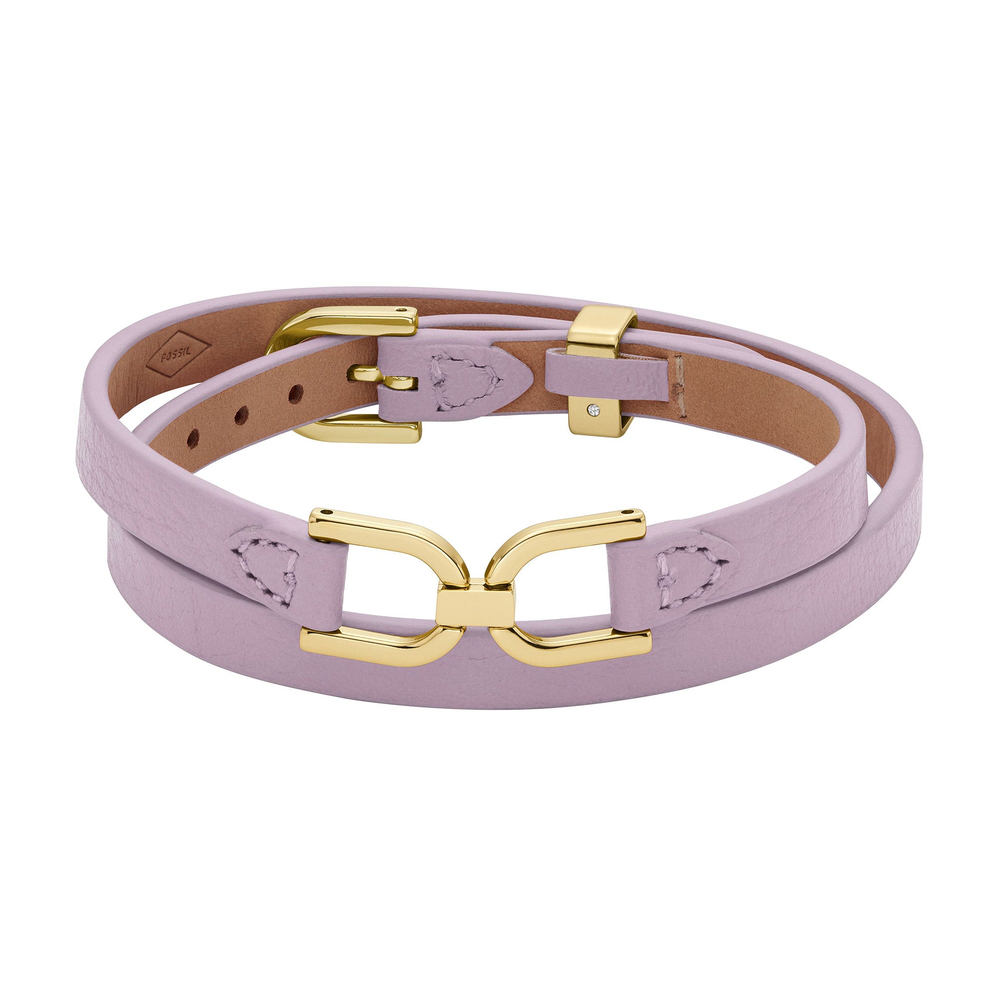 Fossil Armband bestehend aus zwei lila Lederbändern, eins mit goldenem D-Link-Anhänger; Produktbild