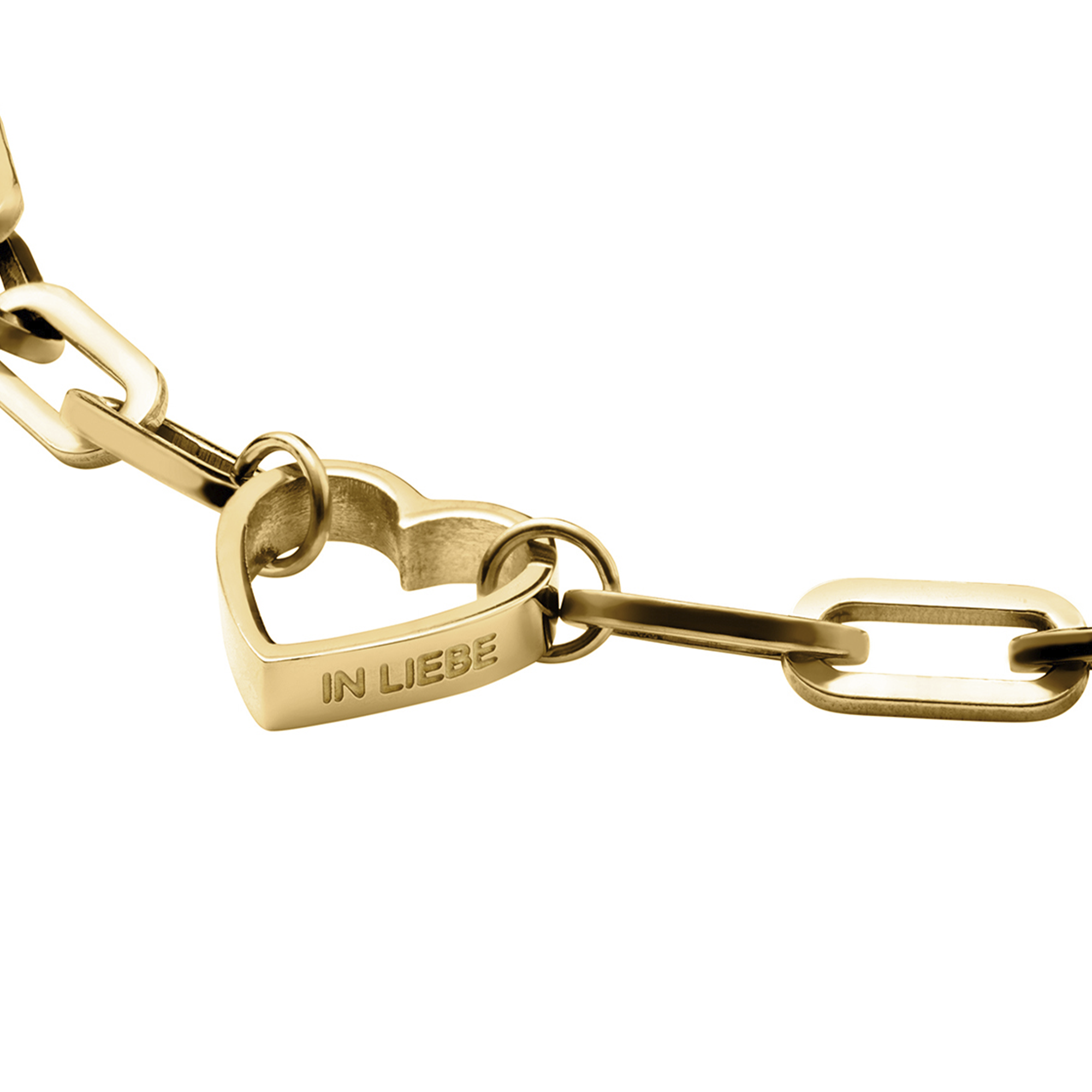 Liebeskind Berlin Armband bestehend aus einer groben, goldenen Gliederkette und einem goldenen Herzanhänger; Nahaufnahme
