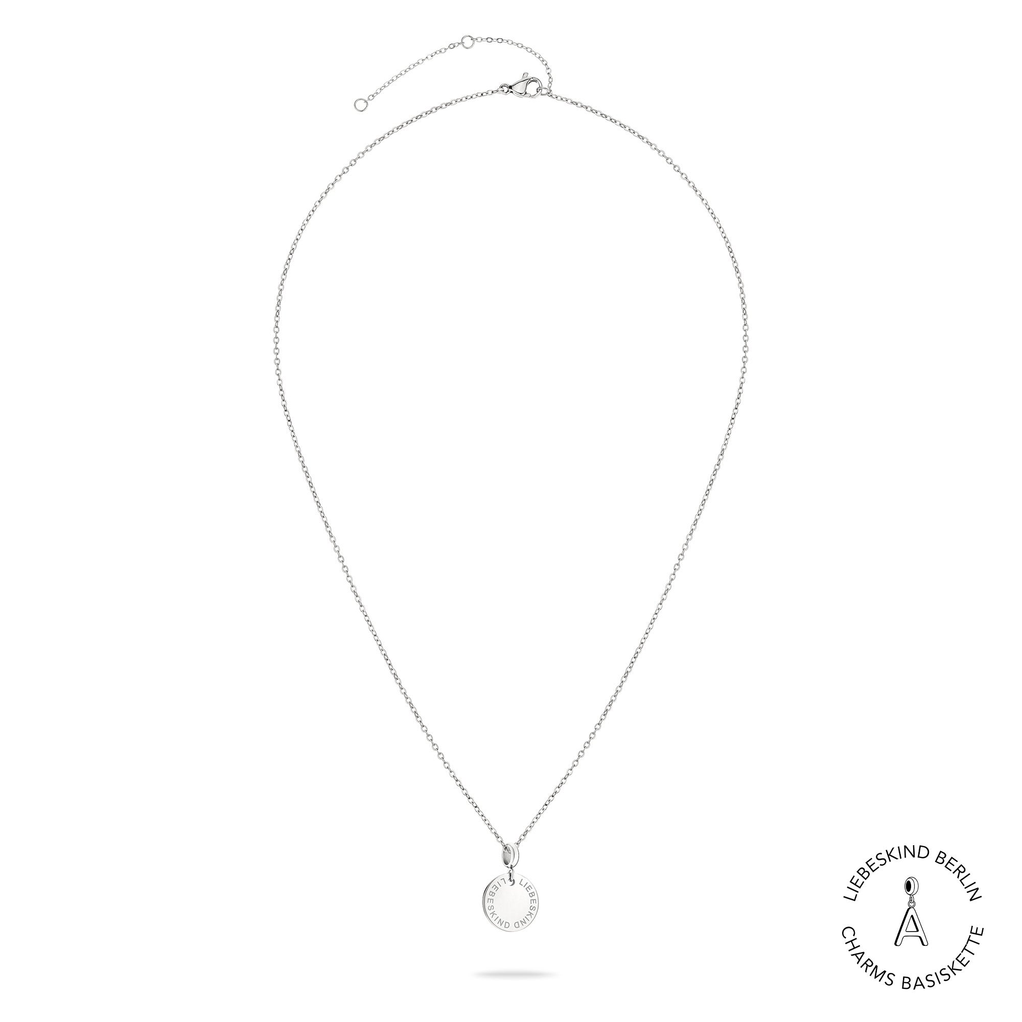 Liebeskind Berlin Halskette - Charms Basiskette; feine Kette mit rundem Logoanhänger in der Farbe silber Produktbild