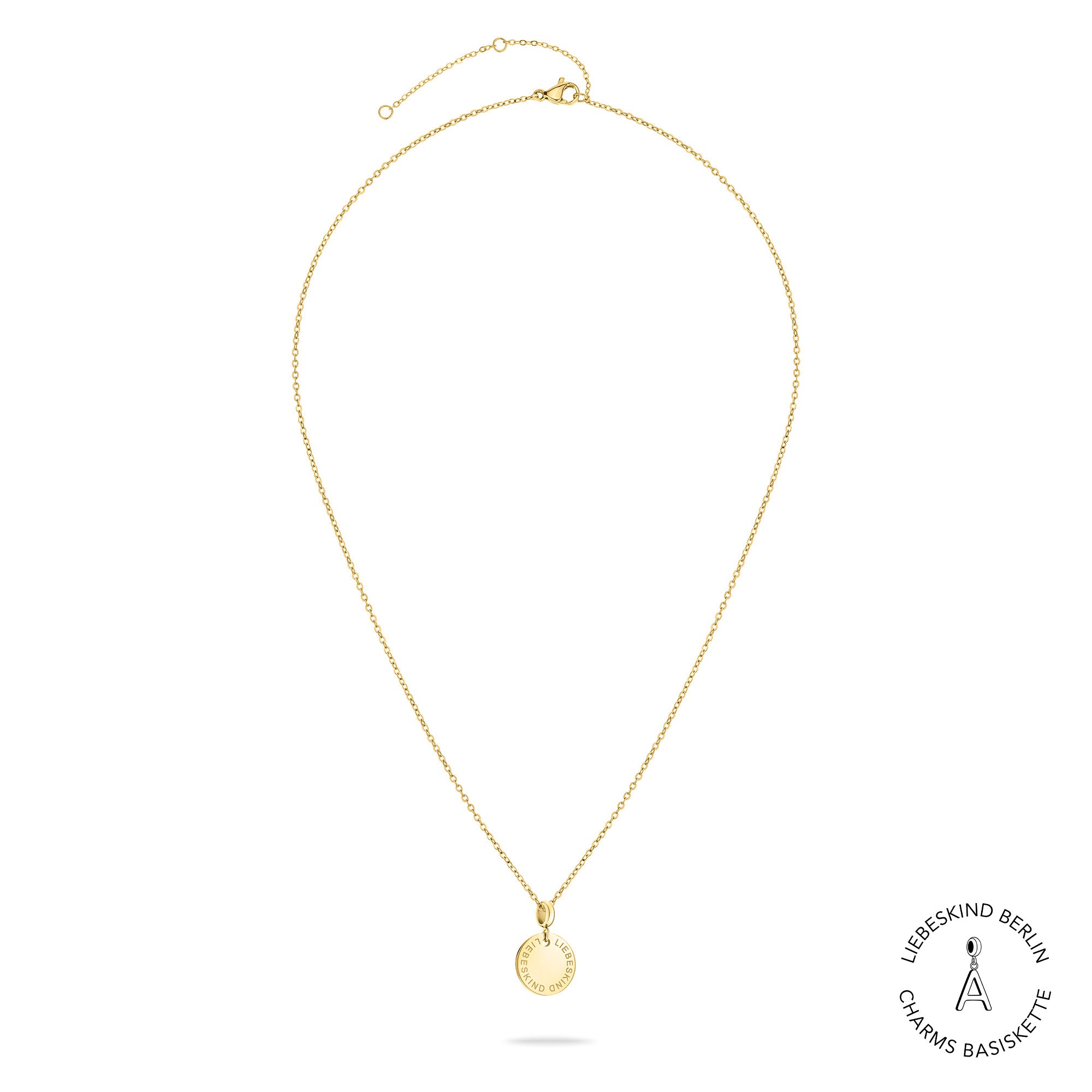 Liebeskind Berlin Halskette - Charms Basiskette; feine Kette mit rundem Logoanhänger in der Farbe gold Produktbild
