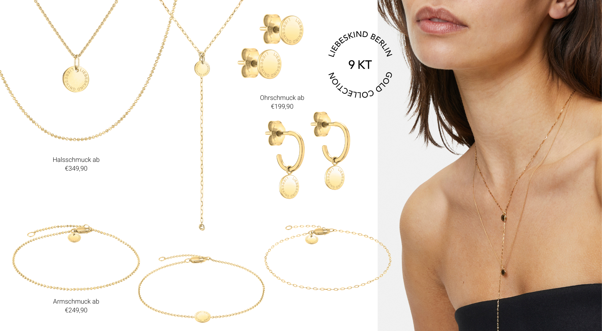 LIEBESKIND BERLIN 9KT Gold Collection: filigraner Echtgold-Schmuck aus Halsketten, Armbändern und Ohrringen – modern, edel und zeitlos.