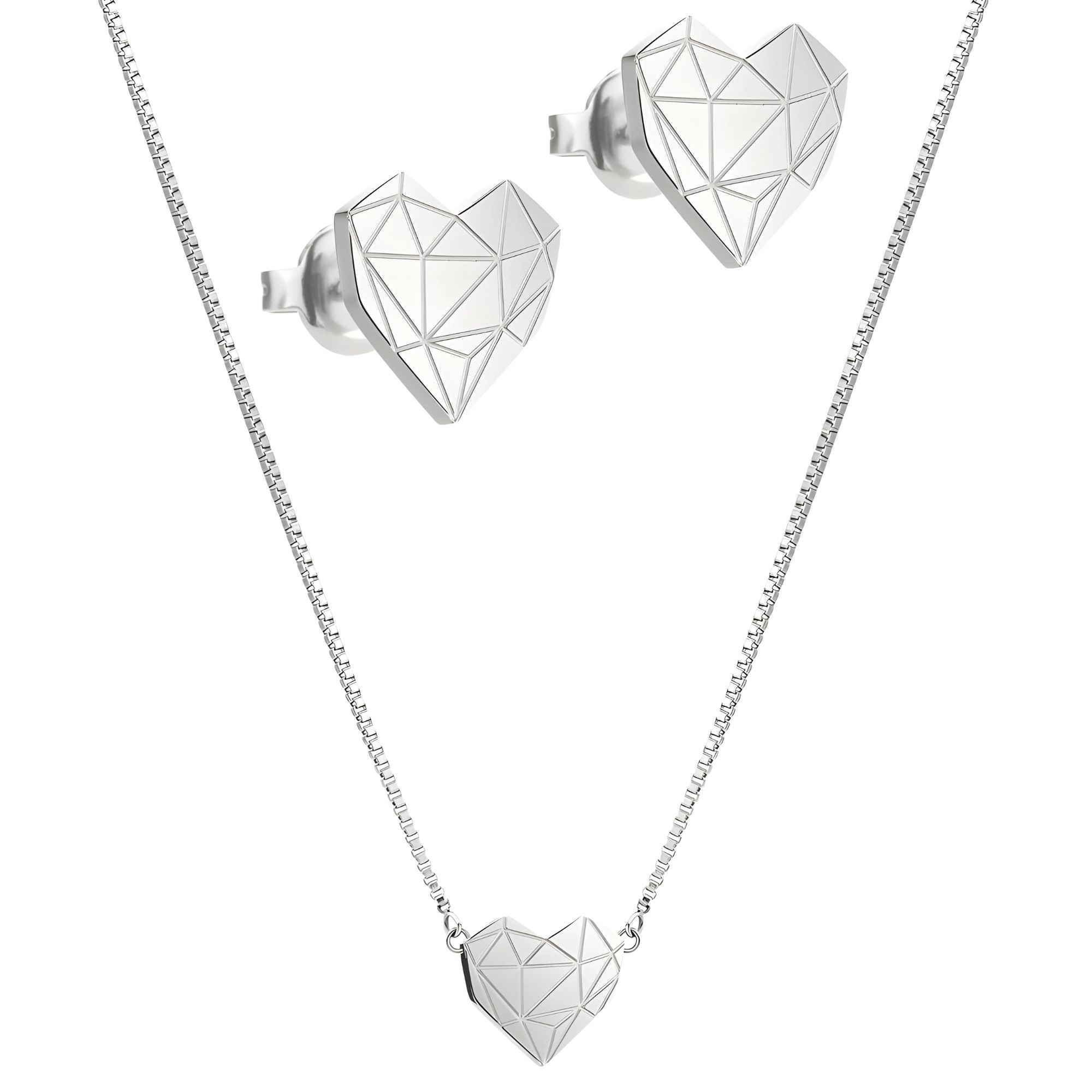 Liebeskind Berlin Set in der Farbe silber mit Kette mit grafischem Herzanhänger und Ohrstecker mit grafischem Herzmoitiv Produktbild