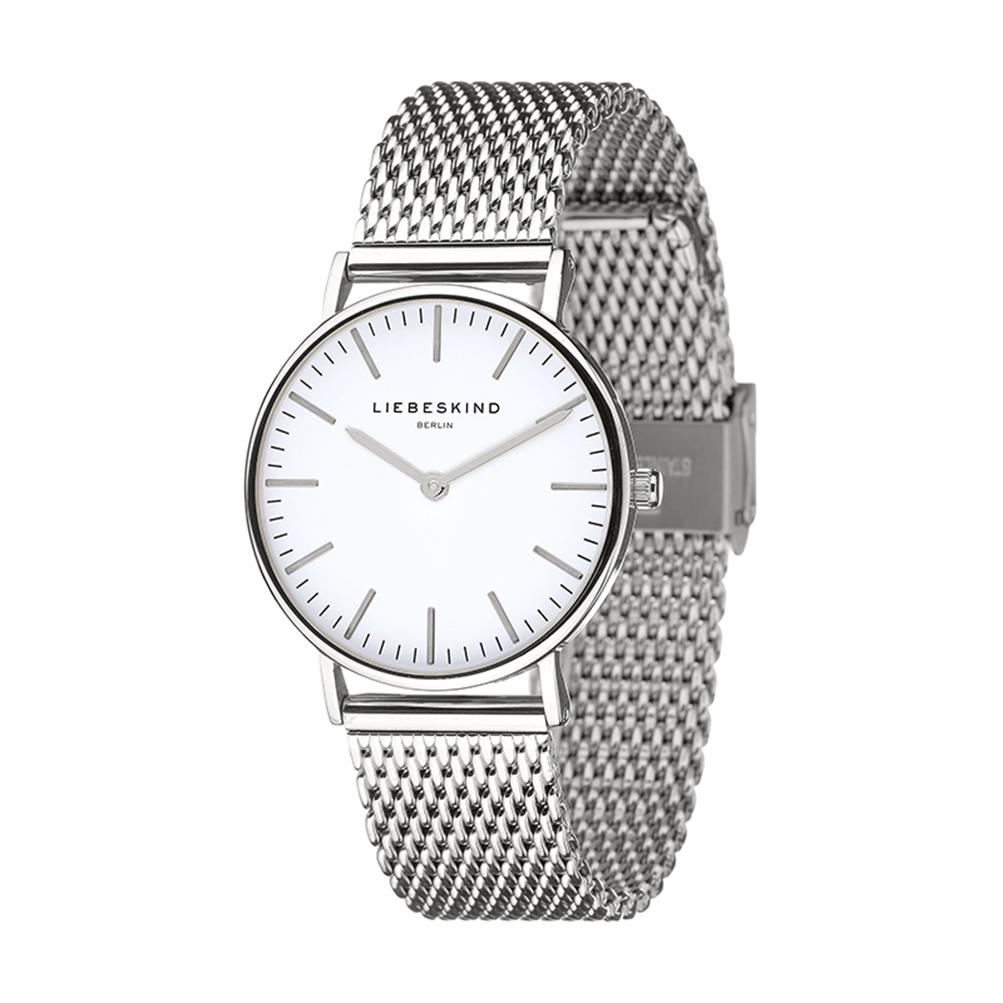 Liebeskind Berlin Armbanduhr mit silbernen Indizes, silbernem Gehäuse und silbernem Meshband; Produktbild