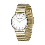 Liebeskind Berlin Armbanduhr mit goldenen Indizes, goldenem Gehäuse und goldenem Meshband; Produktbild