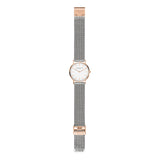 Liebeskind Berlin Armbanduhr mit roségoldenen Indizes, roségoldenem Gehäuse und silbernem Meshband; Produktbild