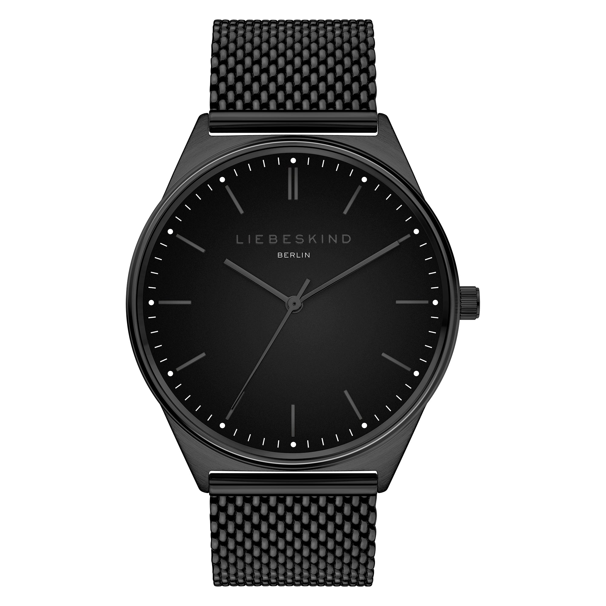 Liebeskind Berlin Armbanduhr mit schwarzem Zifferblatt, schwarzem Gehäuse und schwarzem Meshband Produktbild