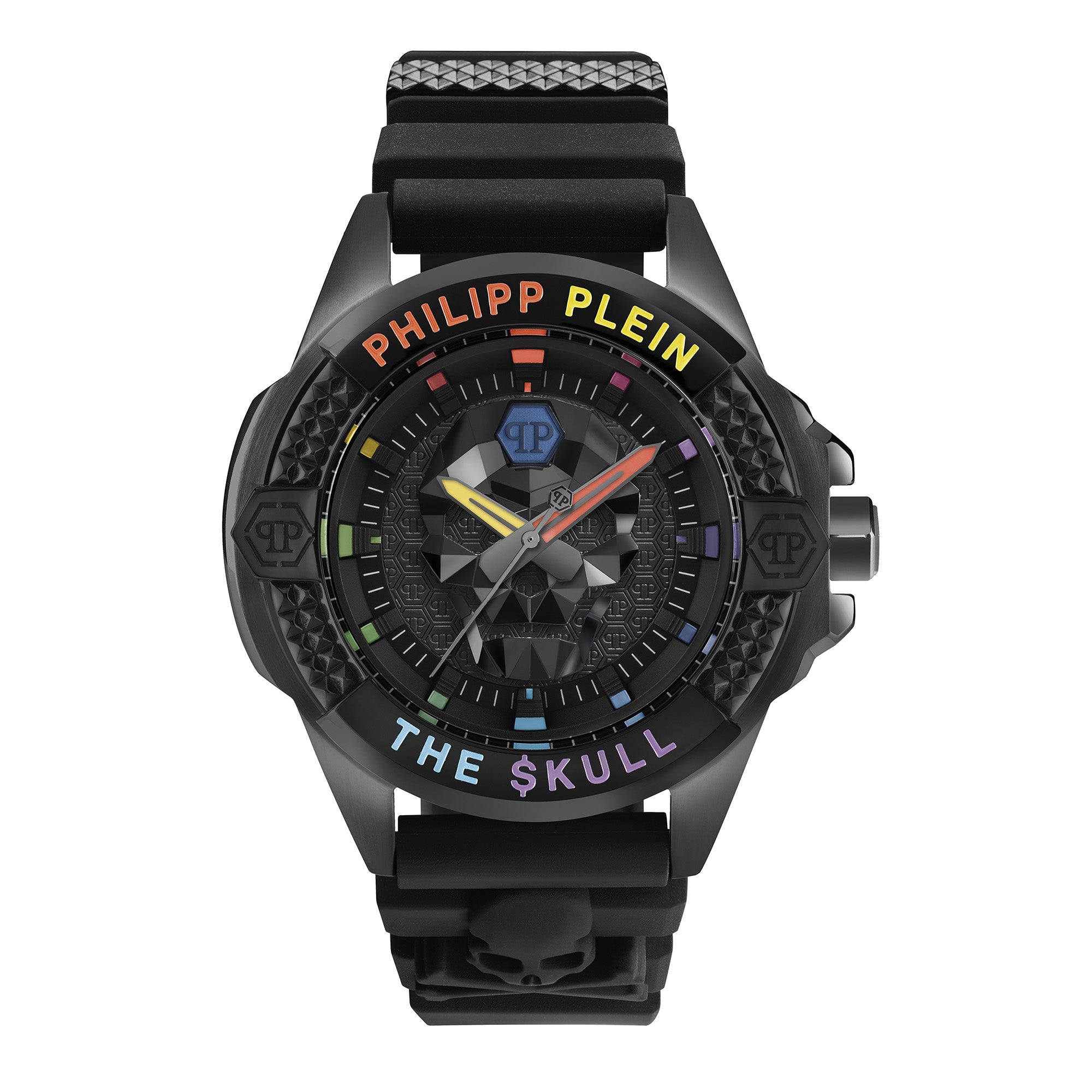 Philipp Plein Armbanduhr mit schwarzem Zifferblatt mit schwarzem Totenkopfdesign und bunten Akzenten, schwarzem Gehäuse und schwarzem Edelstahlband Produktbild