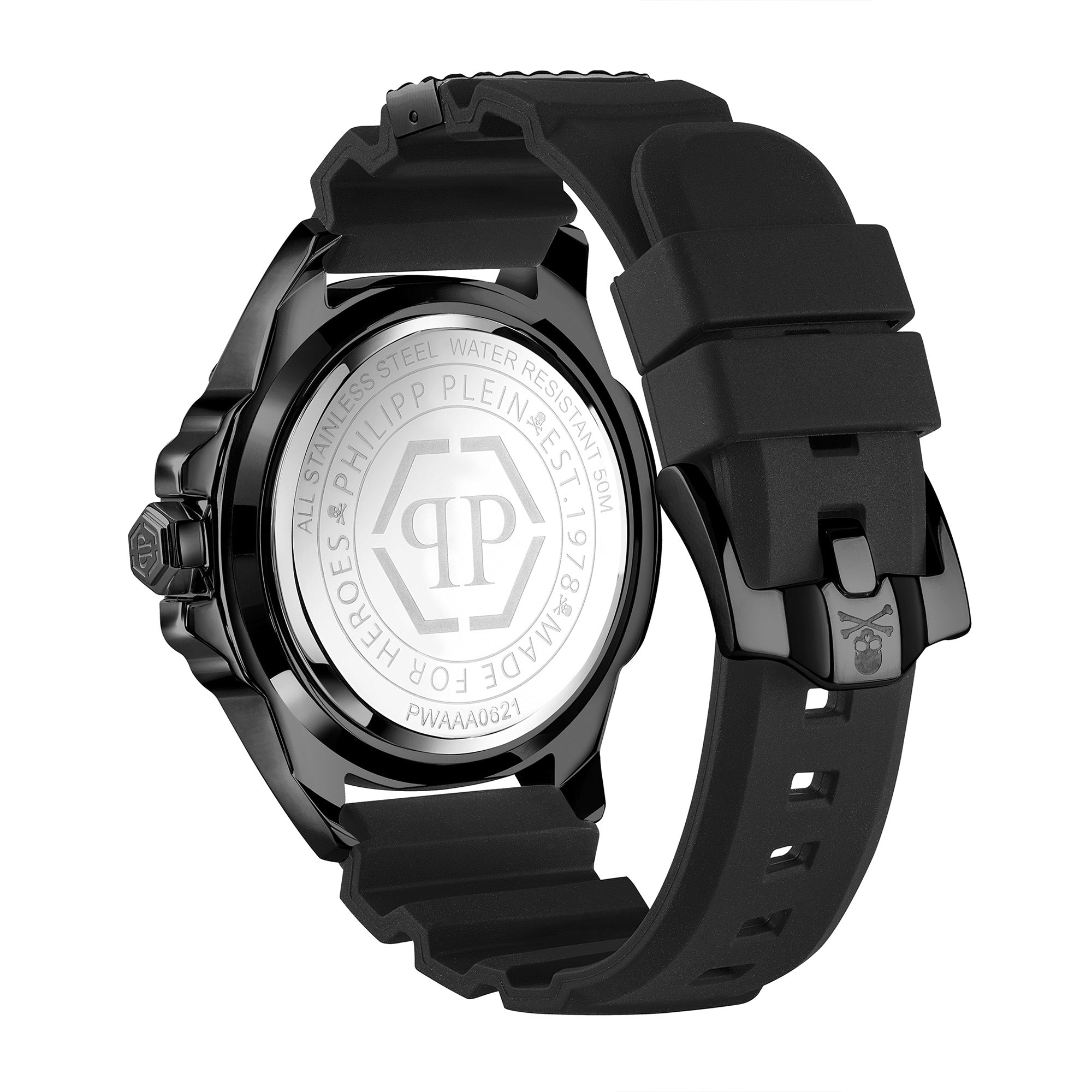 Philipp Plein Armbanduhr mit schwarzem Zifferblatt mit schwarzem Totenkopfdesign und bunten Akzenten, schwarzem Gehäuse und schwarzem Edelstahlband Rückansicht