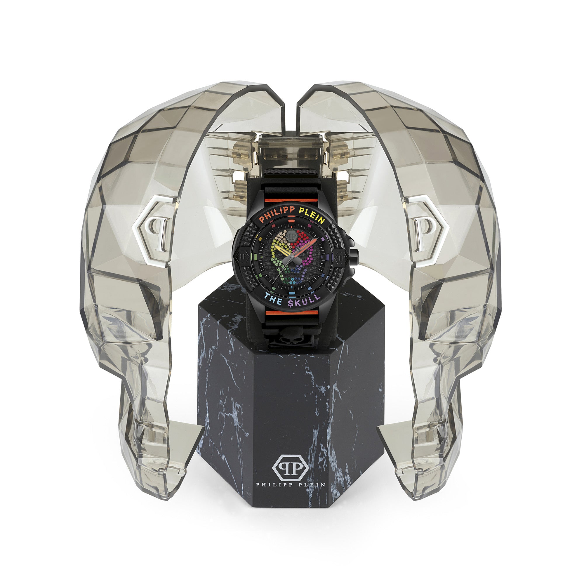 Philipp Plein Armbanduhr mit schwarzem Zifferblatt mit schwarzem Totenkopfdesign und bunten Akzenten, schwarzem Gehäuse und schwarzem Edelstahlband Zusatzbild