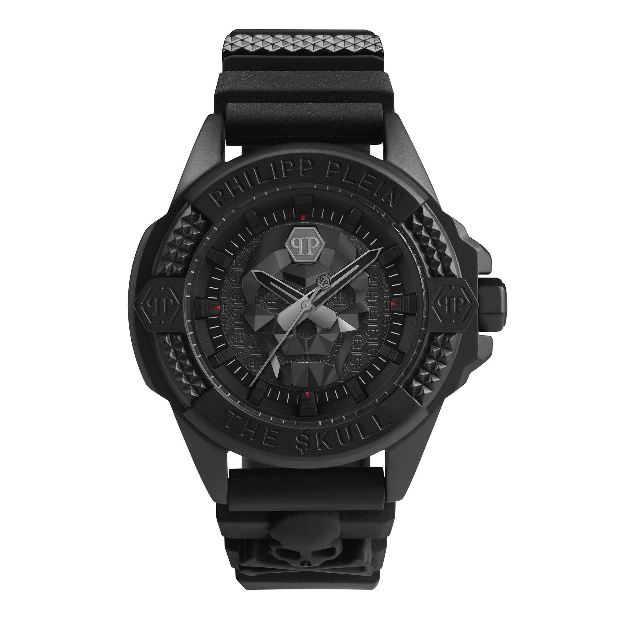 Philipp Plein Armbanduhr mit schwarzem Zifferblatt mit schwarzem Totenkopfdesign, schwarzem Gehäuse und schwarzem Edelstahlband Produktbild