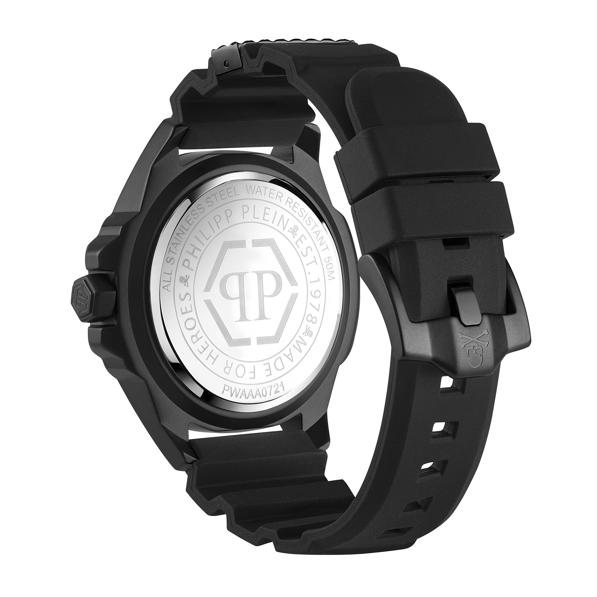 Philipp Plein Armbanduhr mit schwarzem Zifferblatt mit schwarzem Totenkopfdesign, schwarzem Gehäuse und schwarzem Edelstahlband Rückansicht