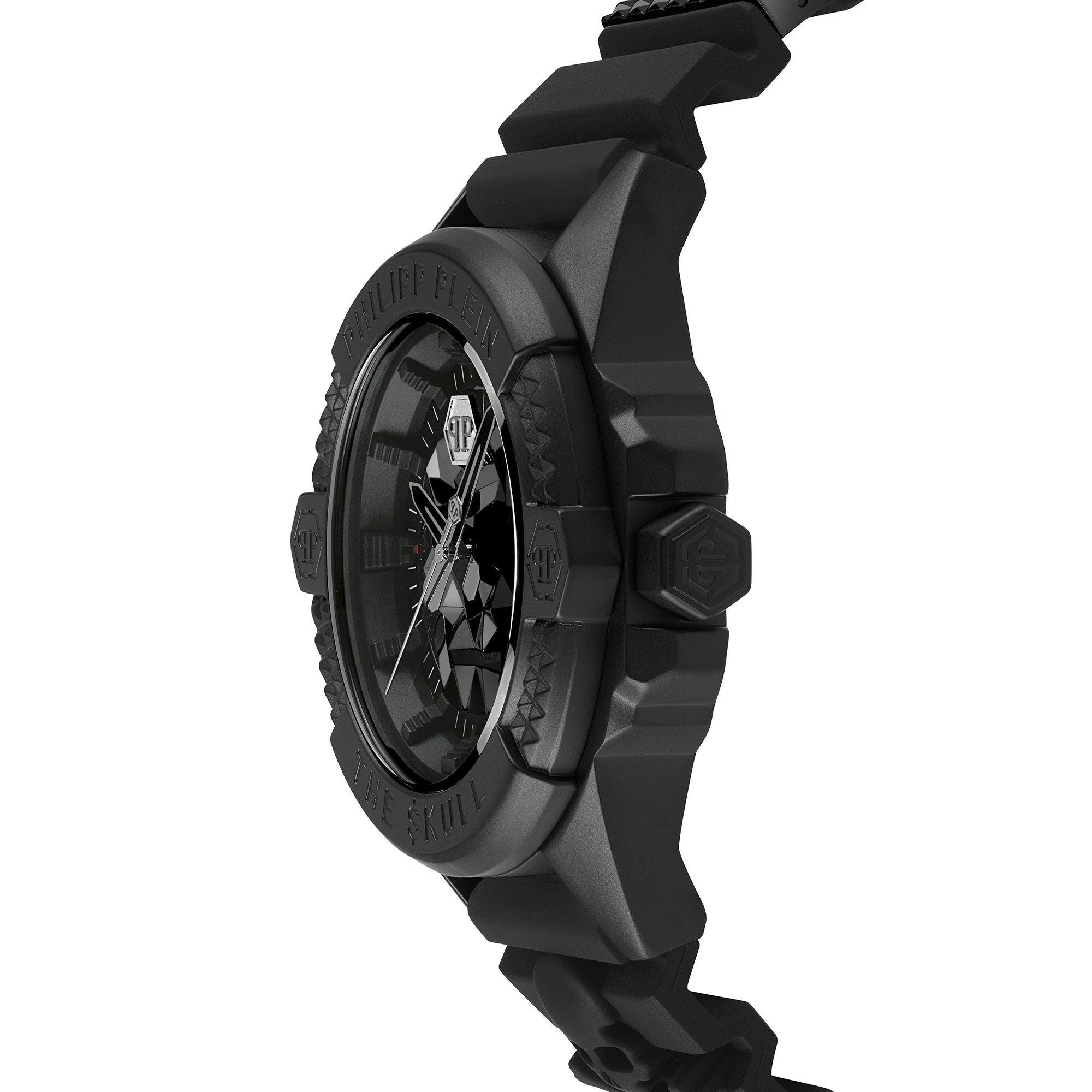 Philipp Plein Armbanduhr mit schwarzem Zifferblatt mit schwarzem Totenkopfdesign, schwarzem Gehäuse und schwarzem Edelstahlband Seitenansicht