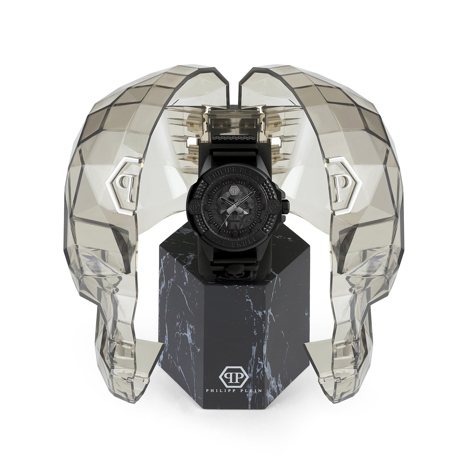 Philipp Plein Armbanduhr mit schwarzem Zifferblatt mit schwarzem Totenkopfdesign, schwarzem Gehäuse und schwarzem Edelstahlband Zusatzbild