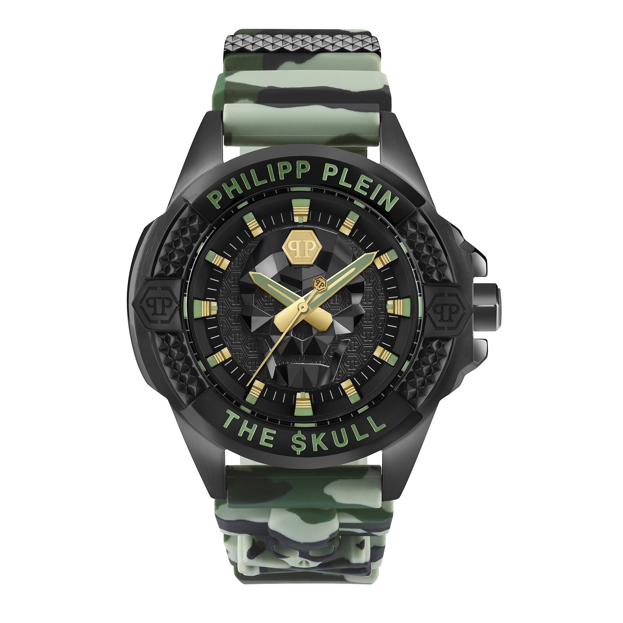 Philipp Plein Armbanduhr mit schwarzem Zifferblatt mit schwarzem Totenkopfdesign und gelben sowie grünen Akzenten, schwarzem Gehäuse und camouflagefarbenem Edelstahlband Produktbild
