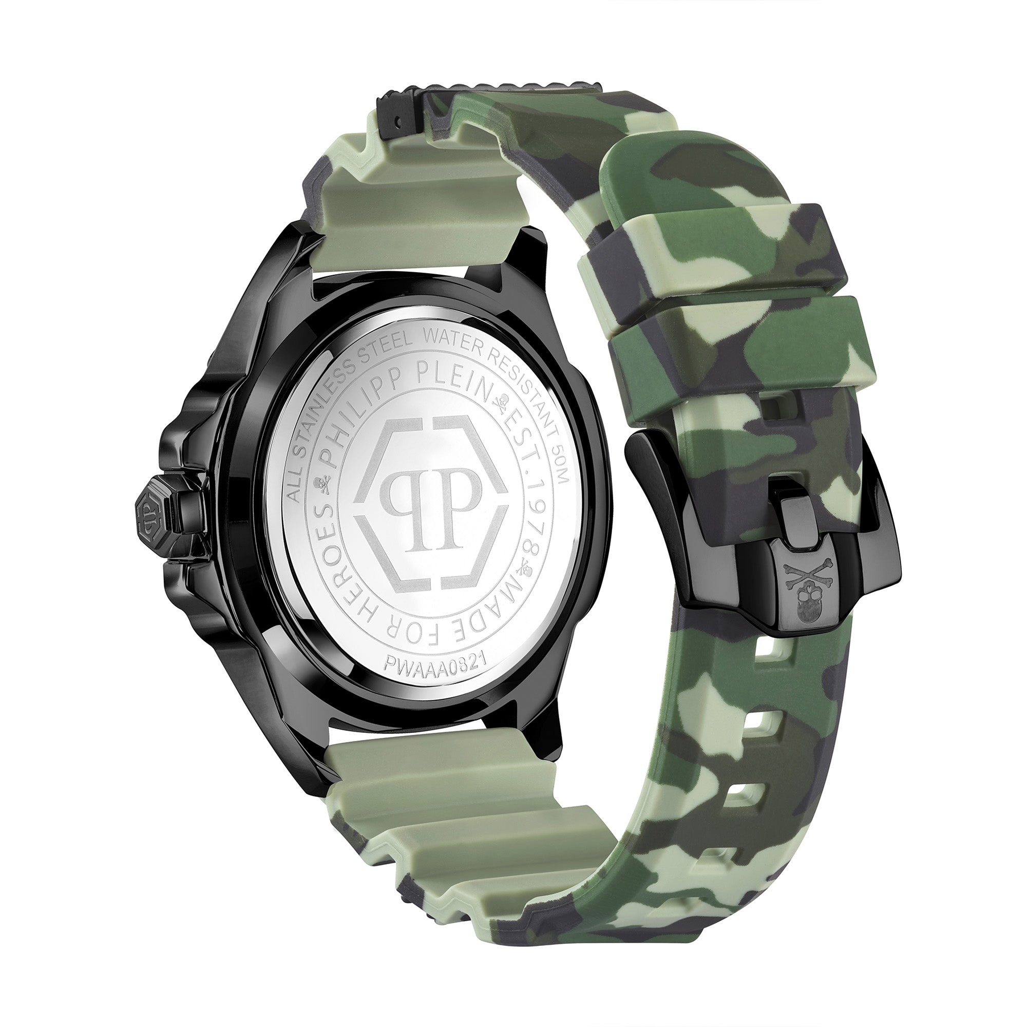 Philipp Plein Armbanduhr mit schwarzem Zifferblatt mit schwarzem Totenkopfdesign und gelben sowie grünen Akzenten, schwarzem Gehäuse und camouflagefarbenem Edelstahlband Rückansicht