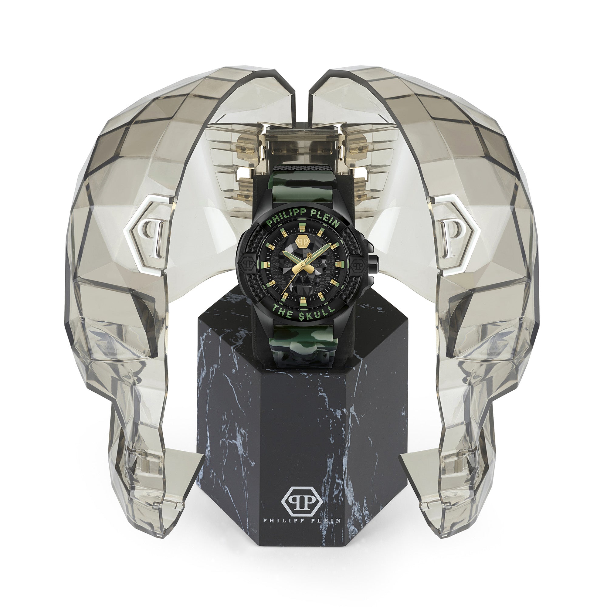 Philipp Plein Armbanduhr mit schwarzem Zifferblatt mit schwarzem Totenkopfdesign und gelben sowie grünen Akzenten, schwarzem Gehäuse und camouflagefarbenem Edelstahlband Zusatzbild