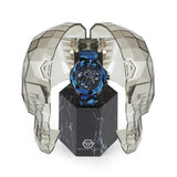 Philipp Plein Armbanduhr mit blau-camouflagenfarbenem Zifferblatt mit schwarzem Totenkopfdesign und schwarzen sowie blauen Akzenten, schwarzem Gehäuse mit blau-camouflagefarbenem Topring und blau-camouflagefarbenem Edelstahlband Zusatzbild