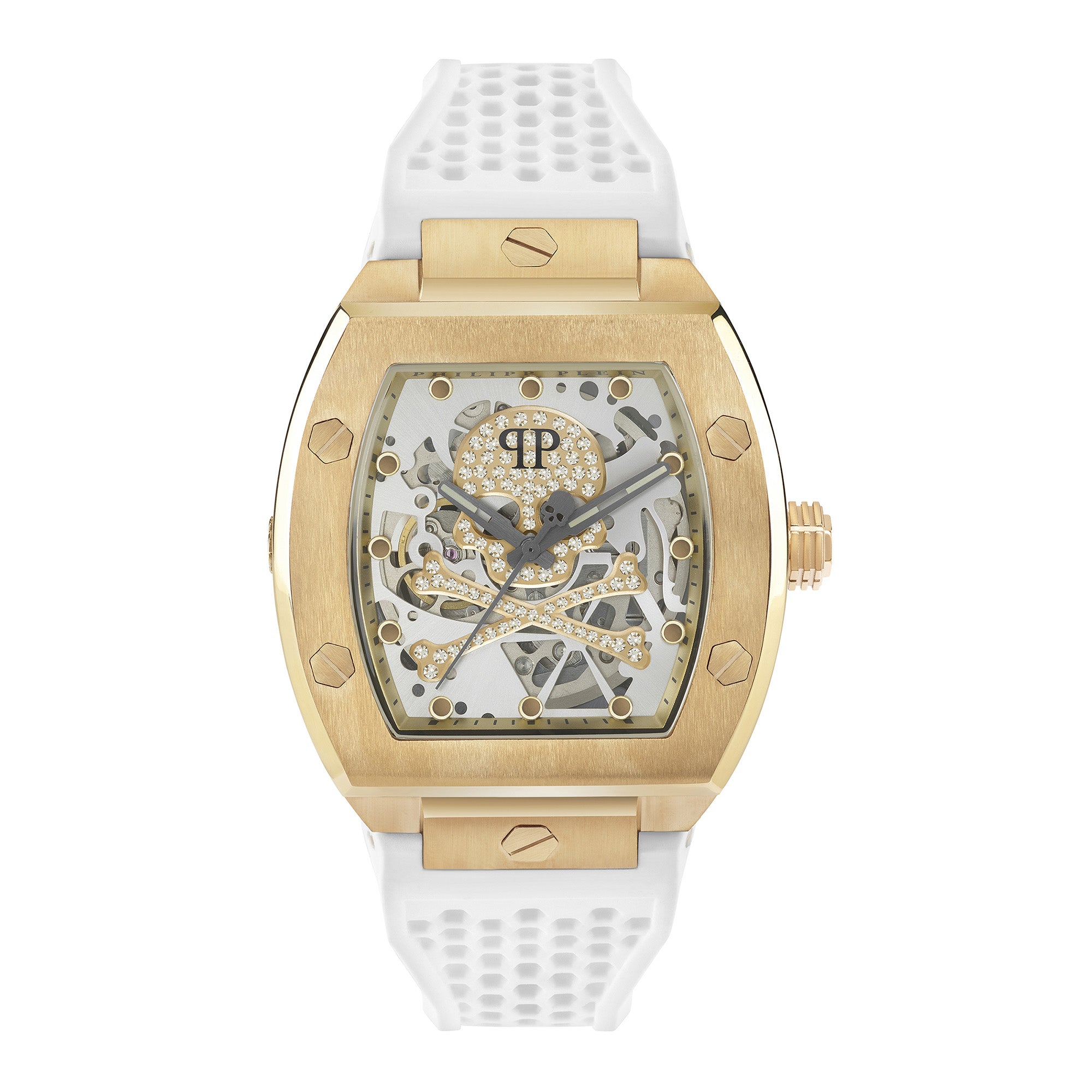 Philipp Plein Armbanduhr im Tonneau Shape mit teilskelettiertem silbernem Zifferblatt mit goldenem glassteinbesetztem Totenkopf- und Knochenmotiv, goldenem Gehäuse und weißem Edelstahlband Produktbild