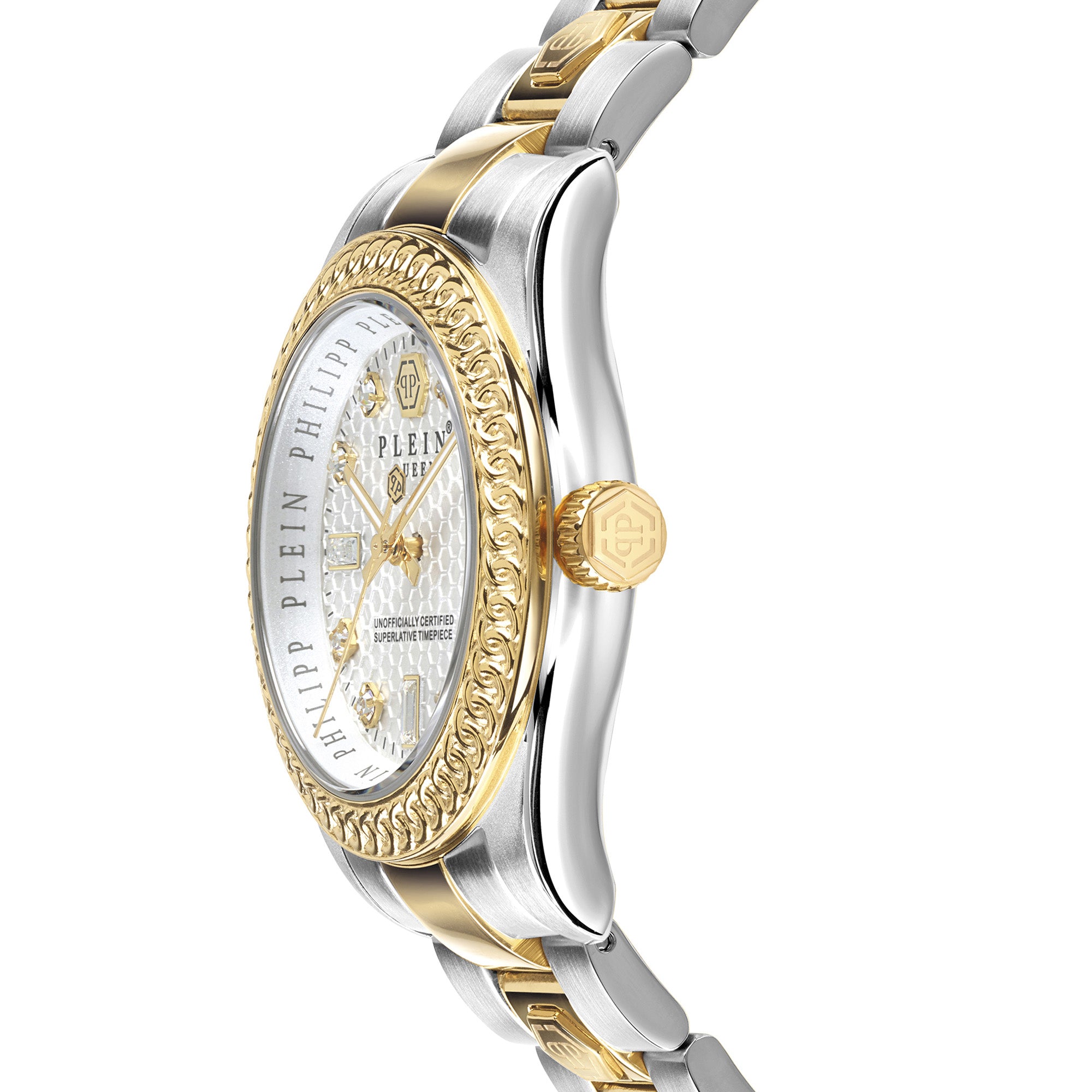 Philipp Plein Armbanduhr mit weißem Zifferblatt mit hexagonalem Muster und funkelnden sowie goldenen Akzenten, silbernem Gehäuse mit einem goldverziertem Topring und zweifarbigem Edelstahlband in Gold und Silber Seitenansicht