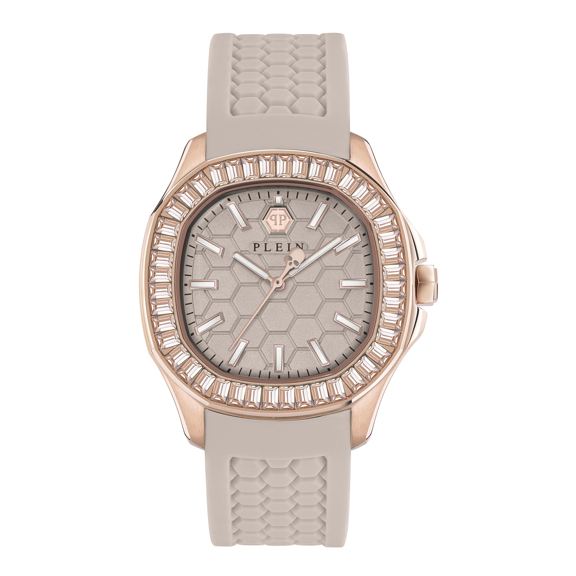 Philipp Plein Armbanduhr mit beigem Zifferblatt mit sechseckigem Muster und silbernen Indizes, roségoldenem Gehäuse mit glassteinbesetztem Topring und beigem Silikonband mit sechseckigem Muster; Produktbild