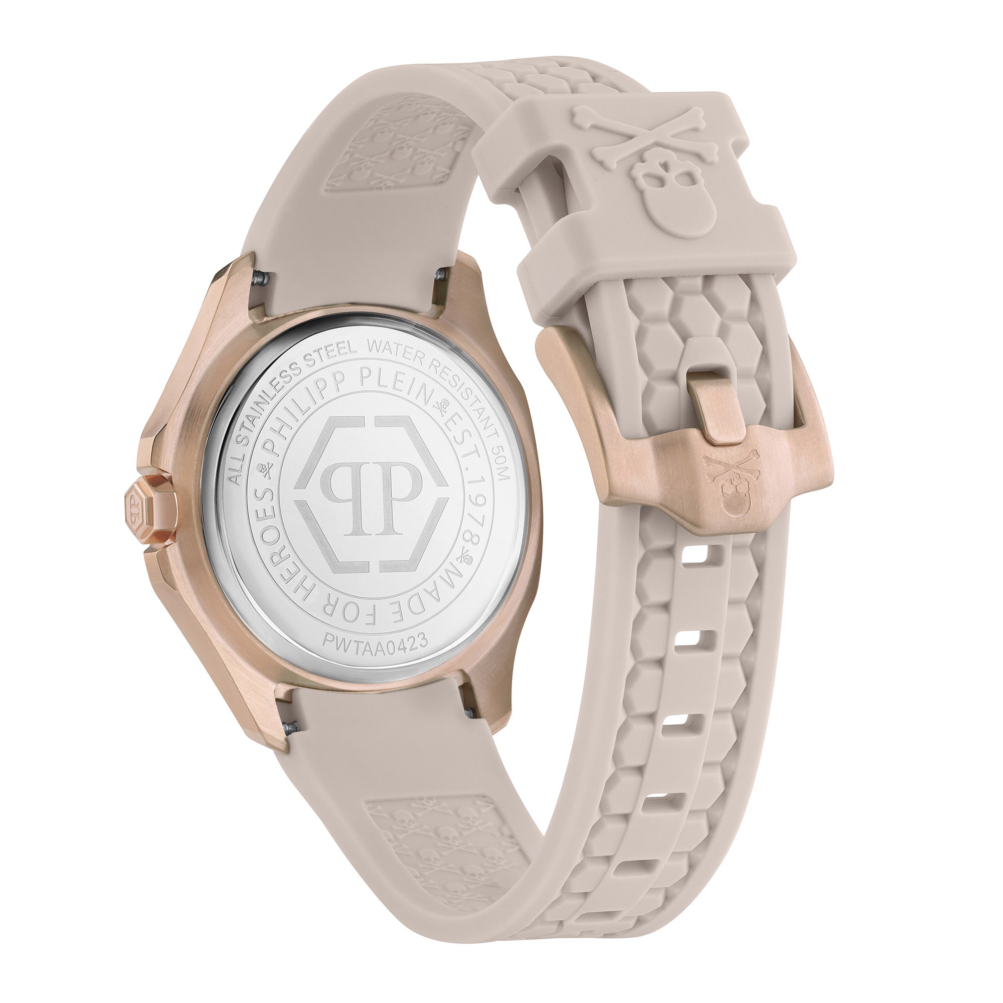 Philipp Plein Armbanduhr mit beigem Zifferblatt mit sechseckigem Muster und silbernen Indizes, roségoldenem Gehäuse mit glassteinbesetztem Topring und beigem Silikonband mit sechseckigem Muster; Rückansicht