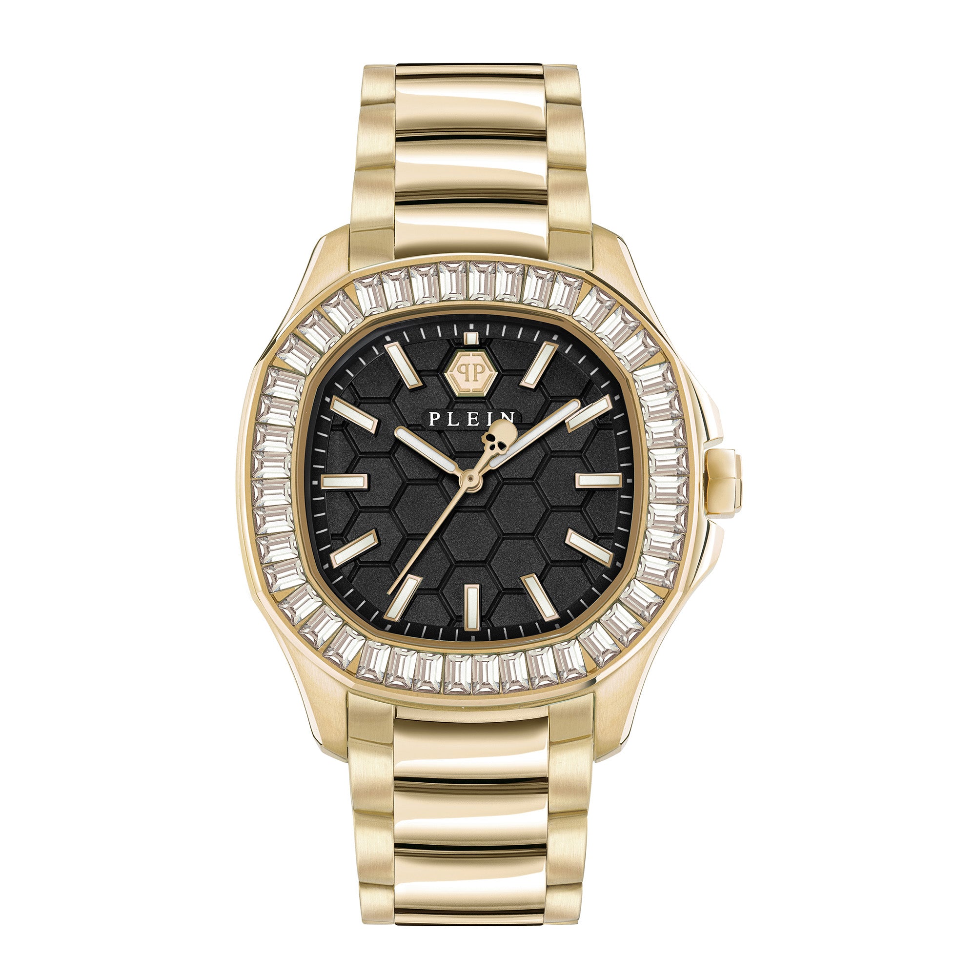 Philipp Plein Armbanduhr mit schwarzem Zifferblatt mit sechseckigem Muster und weißen Indizes mit goldener Umrandung, goldenem Gehäuse mit glassteinbesetztem, goldenem Topring und goldenem Edelstahlband; Produktbild
