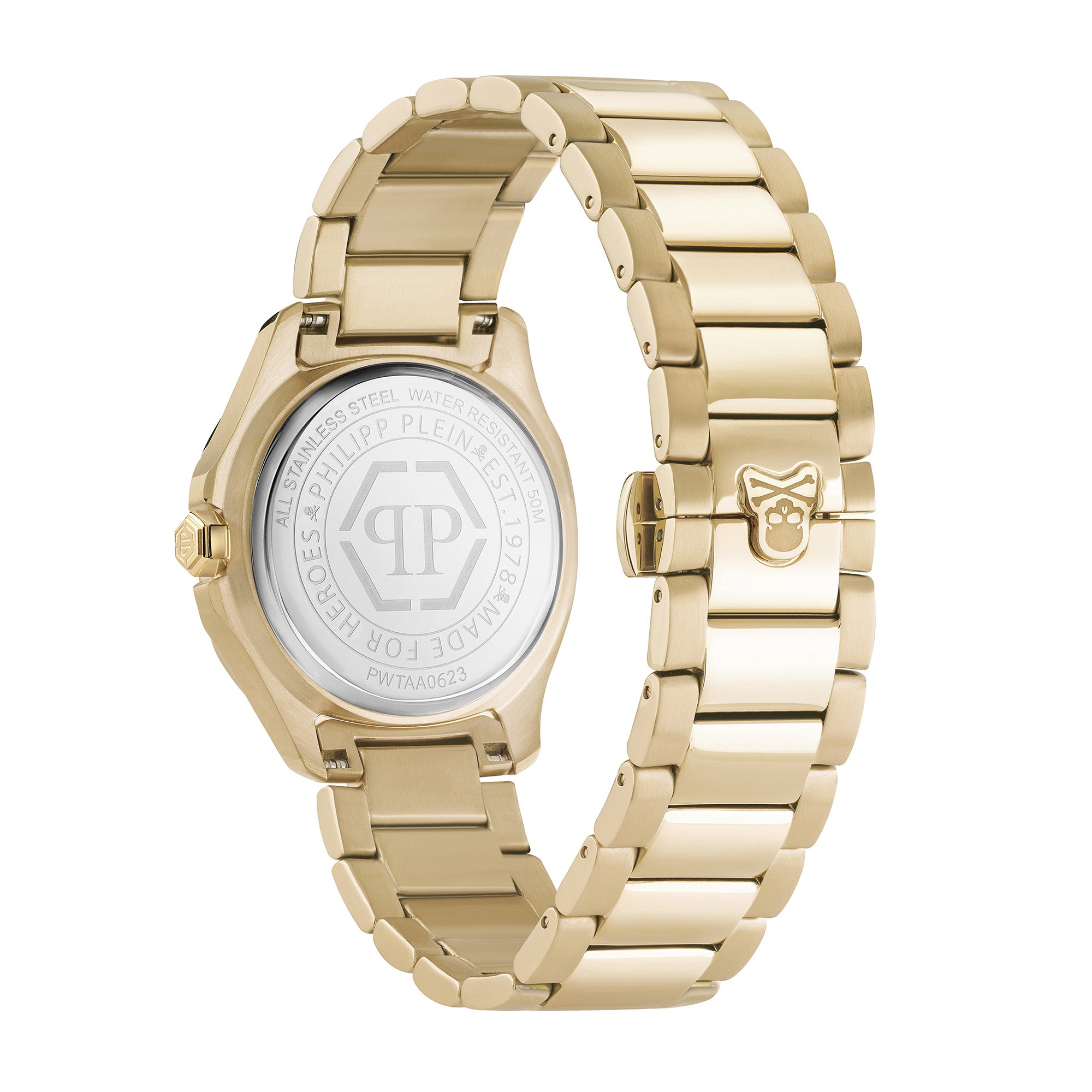 Philipp Plein Armbanduhr mit schwarzem Zifferblatt mit sechseckigem Muster und weißen Indizes mit goldener Umrandung, goldenem Gehäuse mit glassteinbesetztem, goldenem Topring und goldenem Edelstahlband; Rückansicht