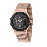 Maserati Armbanduhr mit schwarzem Zifferblatt, roségoldenem Gehäuse und roségoldenem Mesh-Armband, großem Maserati-Logo und Datumsanzeige Produktbild
