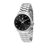 Maserati Armbanduhr mit schwarzem Zifferblatt, silbernem Gehäuse und silbernem Edelstahlband Produktbild