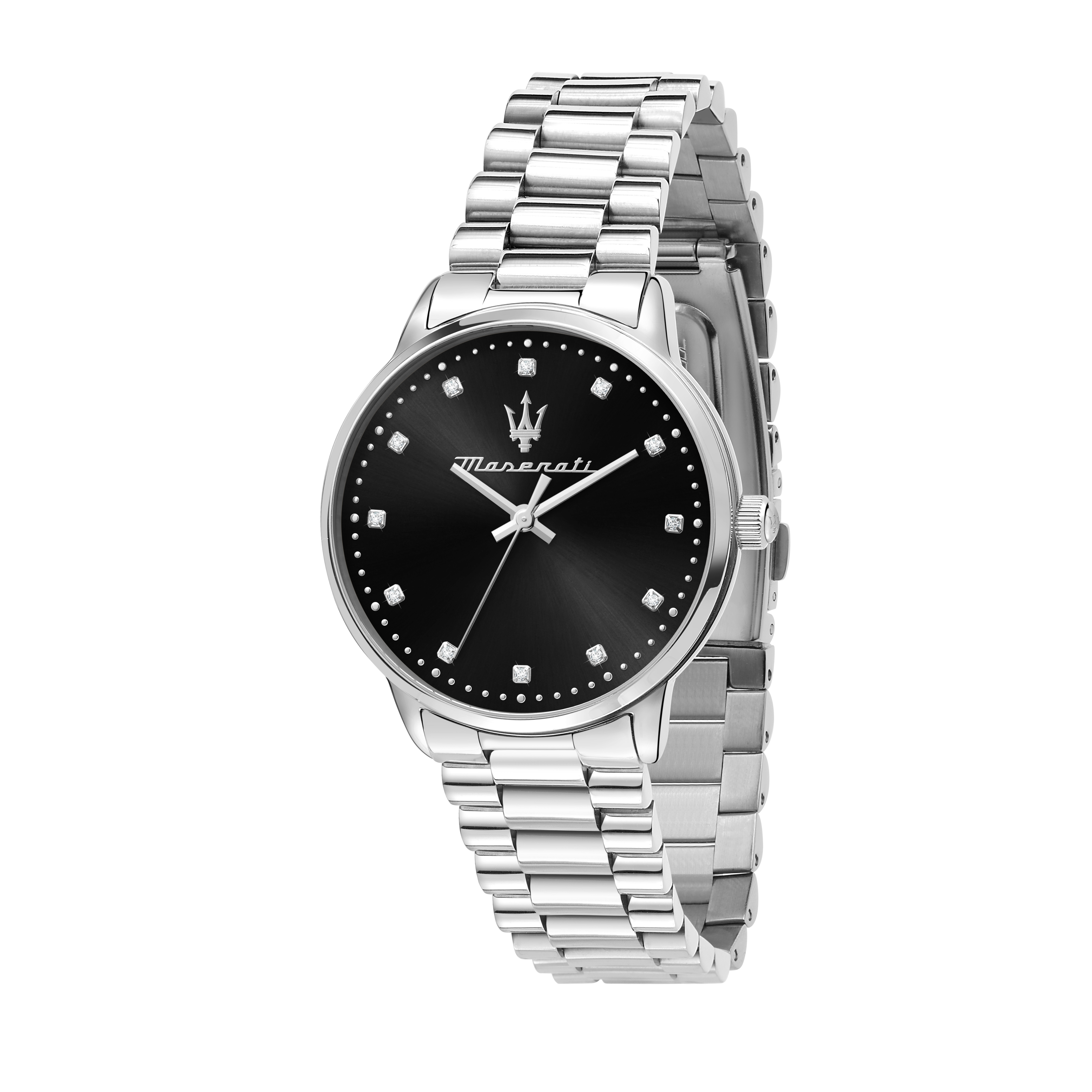 Maserati Armbanduhr mit schwarzem Zifferblatt, silbernem Gehäuse und silbernem Edelstahlband Produktbild