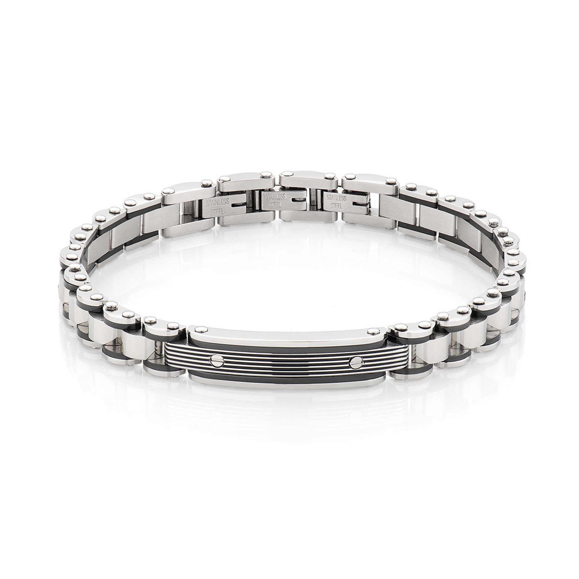 Das Amen Armband - Das Acciaio von Amen ist ein silberfarbenes Herrenarmband aus Edelstahl mit einer zentralen rechteckigen Platte und dekorativen Schraubdetails.