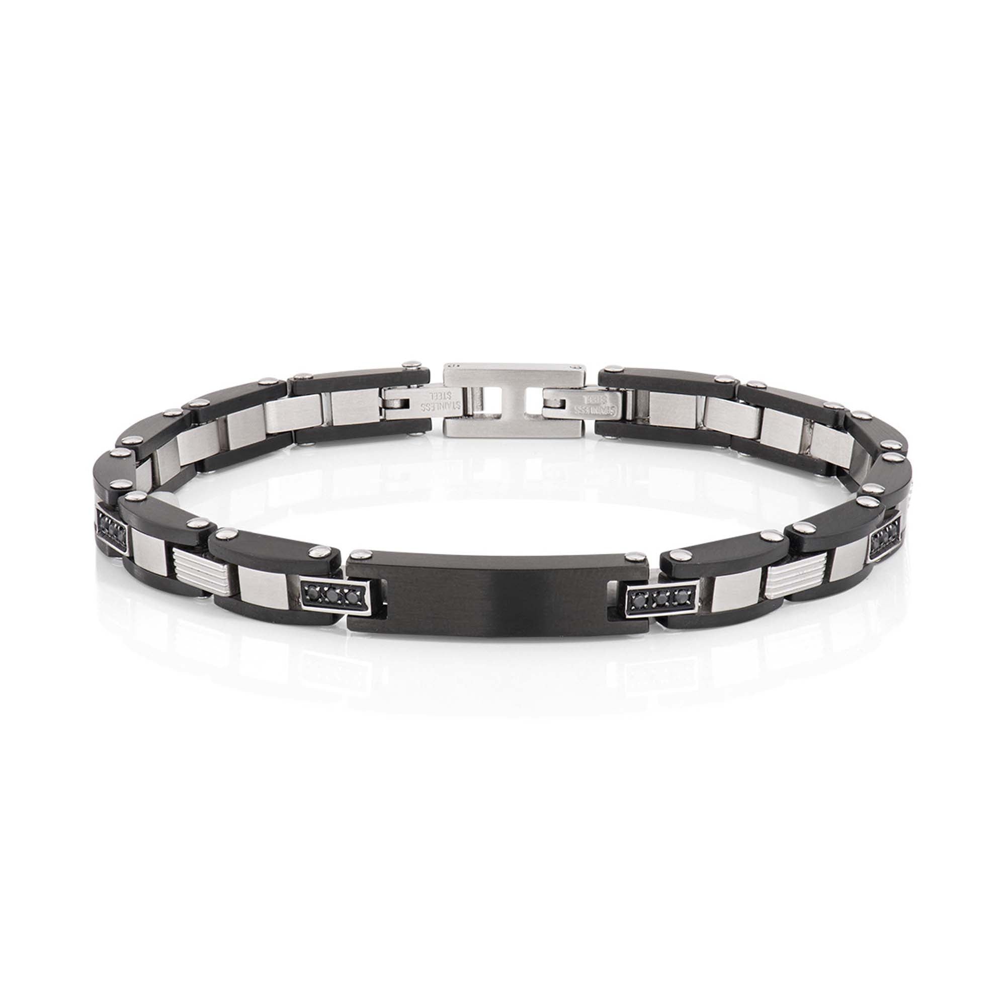 Das Amen Armband - The Classic von Amen ist ein schwarz-silbernes Gliederarmband für Herren mit rechteckigen Edelstahlsegmenten und Faltschließe.