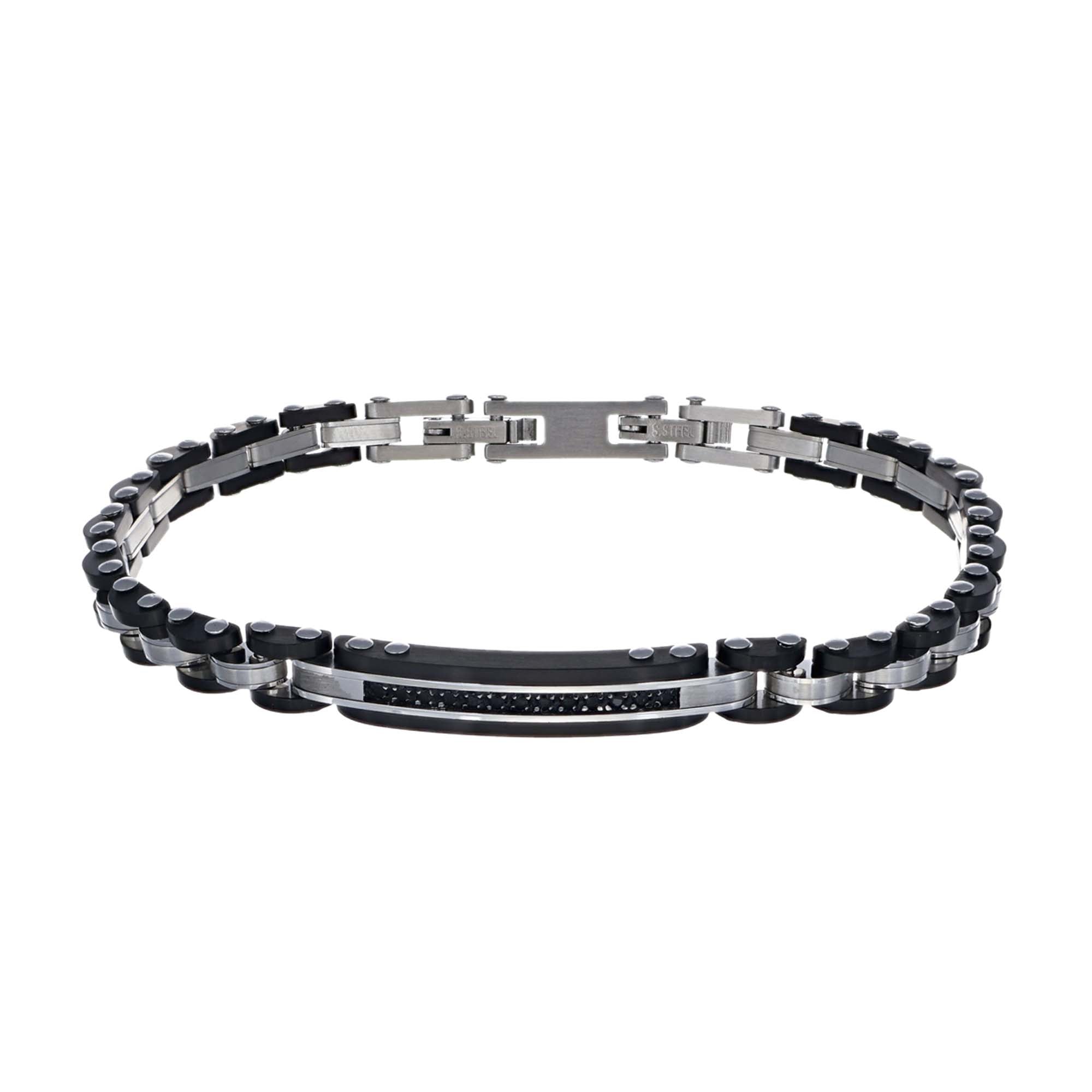 Das Amen Armband - The Statement von Amen ist ein Herrenarmband aus rostfreiem Stahl und schwarzen Gliedern mit einem rechteckigen Akzent und einer Faltschließe.
