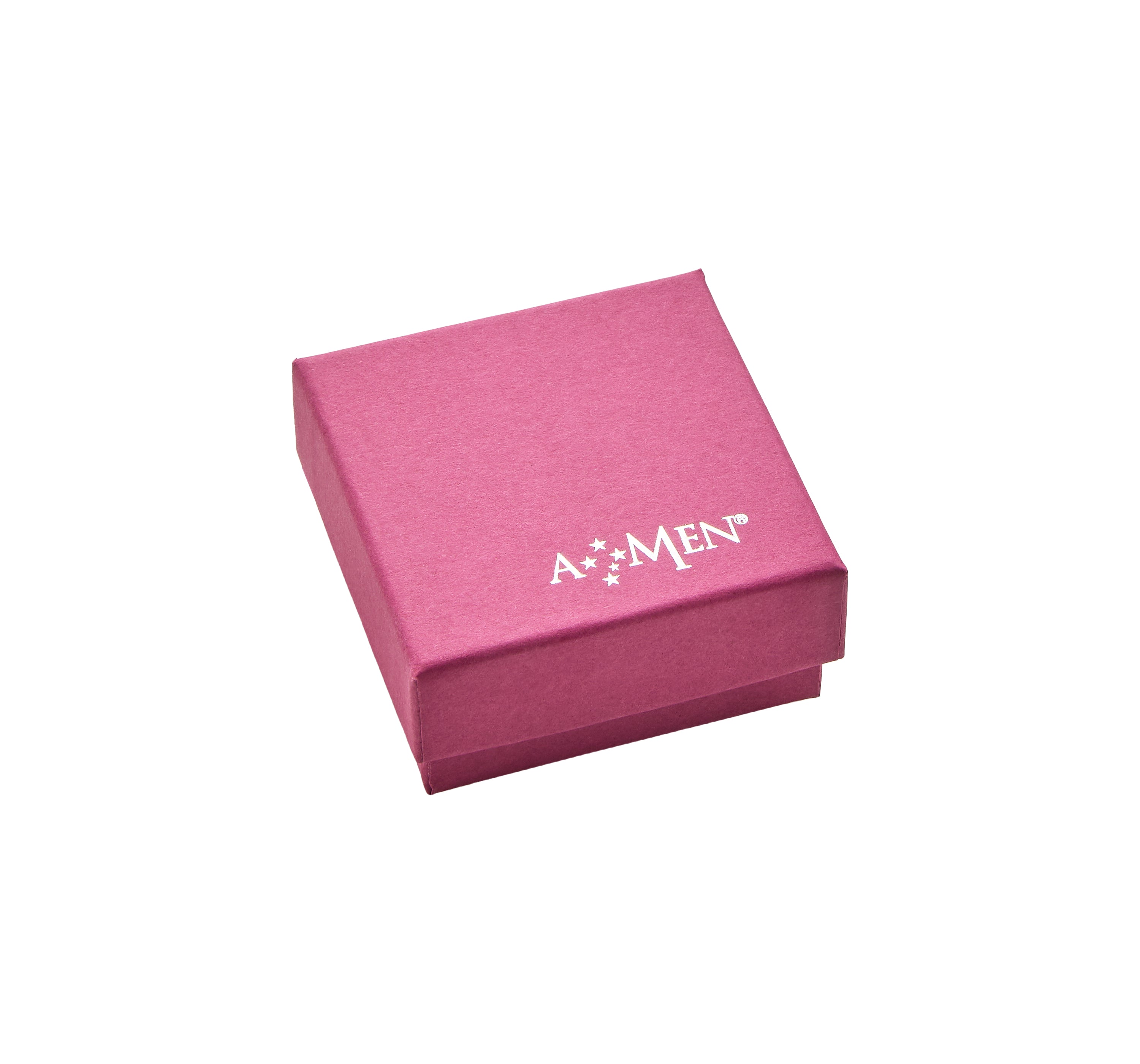 Eine kleine, geschlossene rosa Geschenkbox mit dem weißen Aufdruck "Amen" auf dem Deckel, ideal zum Verschenken des Amen Armband - Tennis: ein Unisex-Armband aus 925er Sterlingsilber.