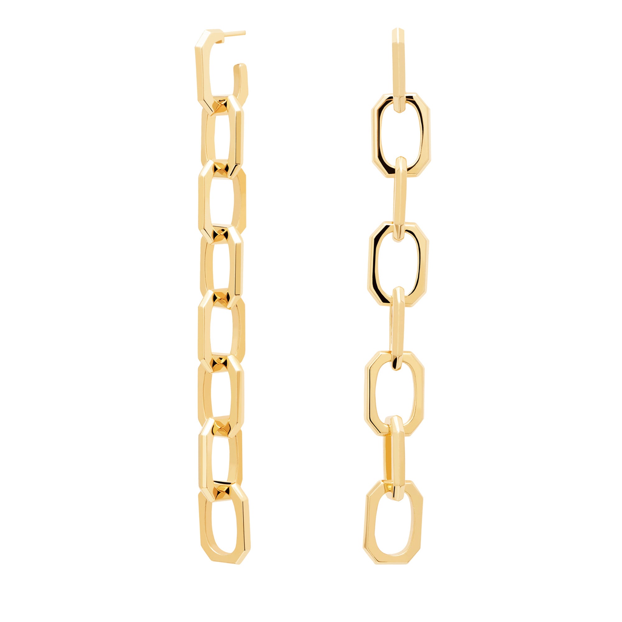 Der PDPaola Ohrhänger - The Chain zeigt zwei asymmetrische goldene Kettenohrringe mit rechteckigen Gliedern der Marke PDPaola auf weißem Hintergrund.