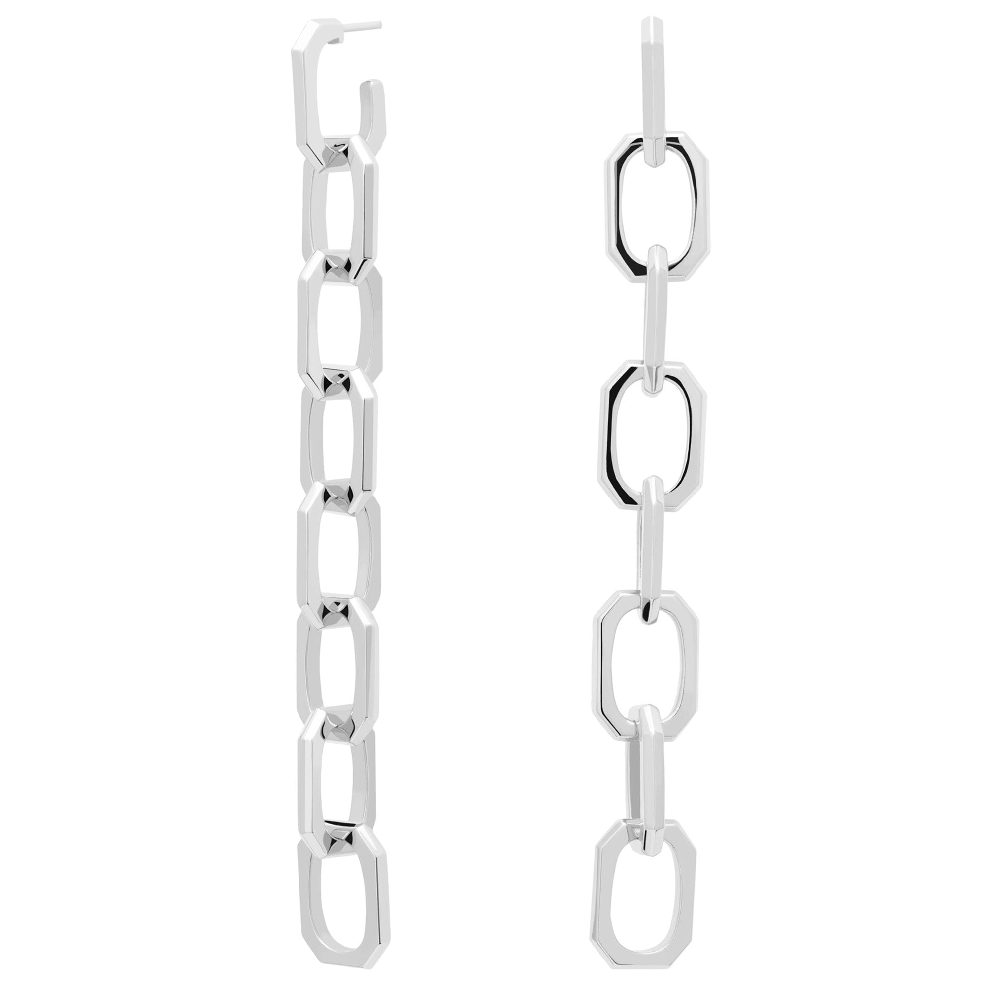 Die PDPaola Ohrhänger - The Chain sind lange, silberne, geometrische Ohrringe mit rechteckigen und sechseckigen Gliedern - moderner Schmuck von der innovativen Marke PDPaola.