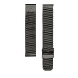 Zwei schwarze Mesh-Uhrenarmbänder, darunter das LIEBESKIND BERLIN Uhrenband - Easy Change von Liebeskind Berlin mit Schließe, sind vertikal auf weißem Hintergrund zu sehen - perfekt, um Ihren Look aufzuwerten.