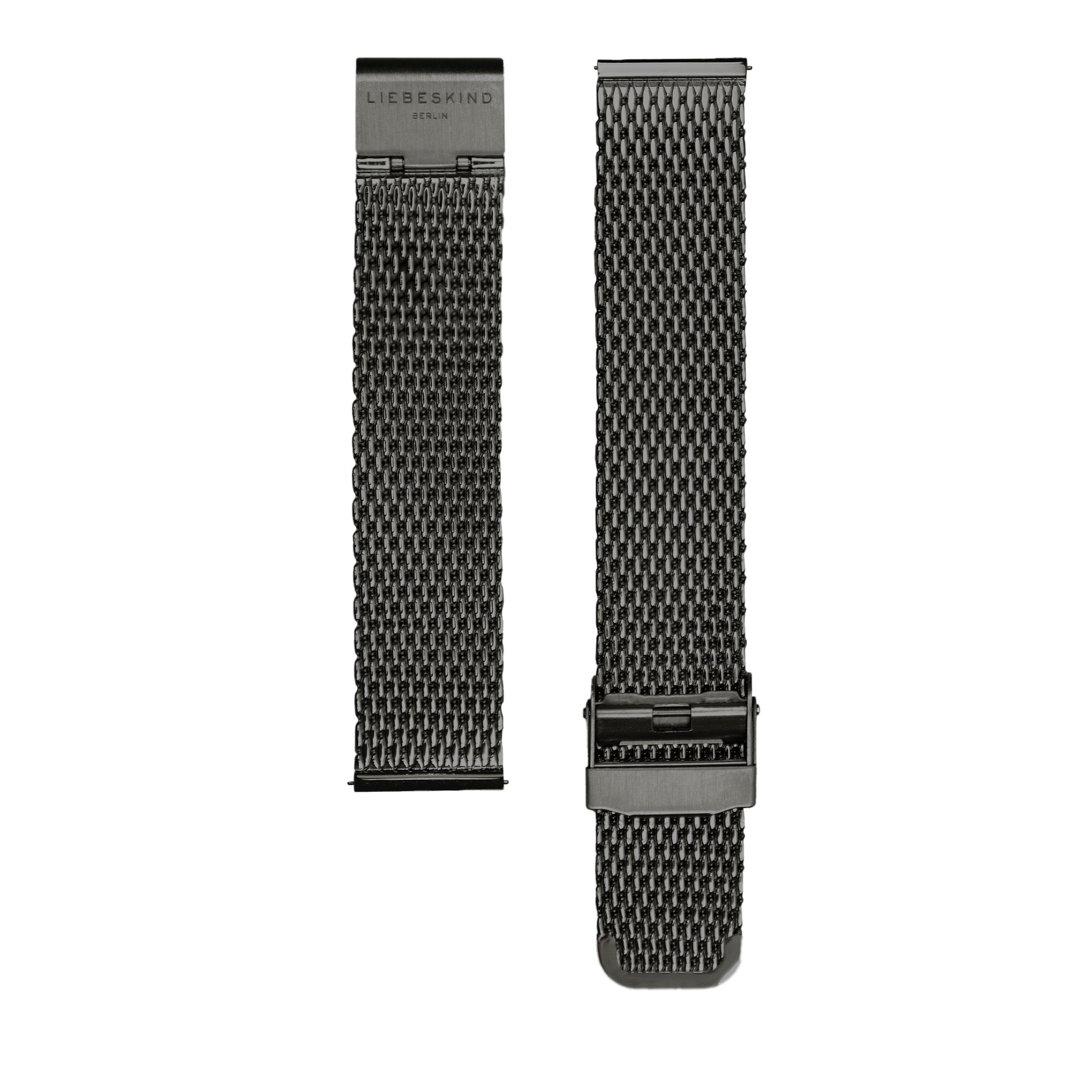 Zwei schwarze Mesh-Uhrenarmbänder, darunter das LIEBESKIND BERLIN Uhrenband - Easy Change von Liebeskind Berlin mit Schließe, sind vertikal auf weißem Hintergrund zu sehen - perfekt, um Ihren Look aufzuwerten.