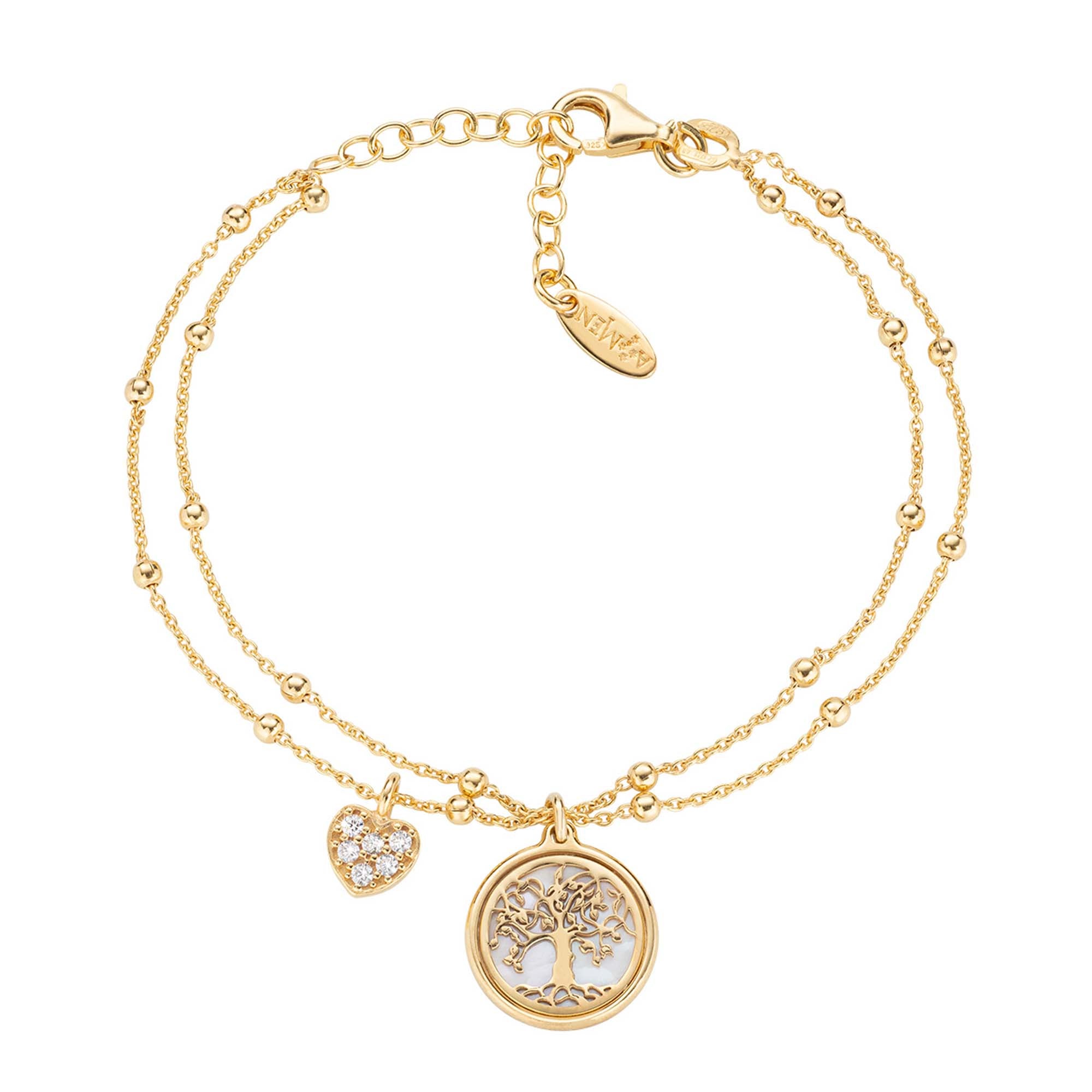 Amen Armband - Lebensbaum: Doppelreihiges Damenarmband aus 925er Sterlingsilber mit Baum-des-Lebens-Anhänger und kristallbesetztem Herz-Charm von Amen.