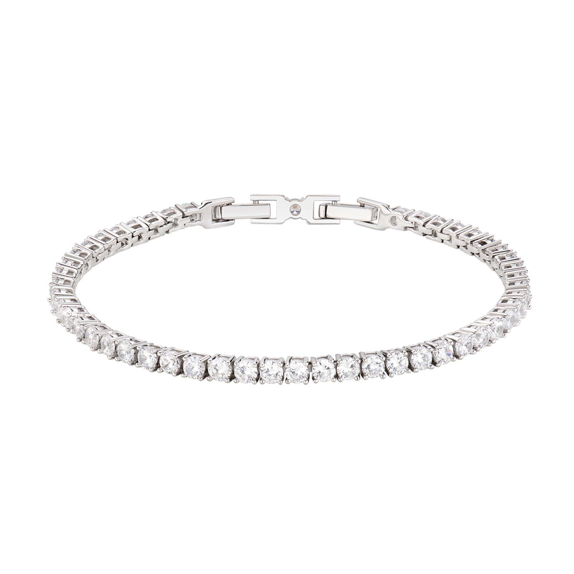 Das Amen Armband - Tennis von Amen ist mit runden, funkelnden Diamanten in einer einzigen Reihe aus Weißgold besetzt und bietet zeitlose Eleganz in einem Unisex-Design. Abgebildet auf einem weißen Hintergrund; perfekt für jeden Anlass.