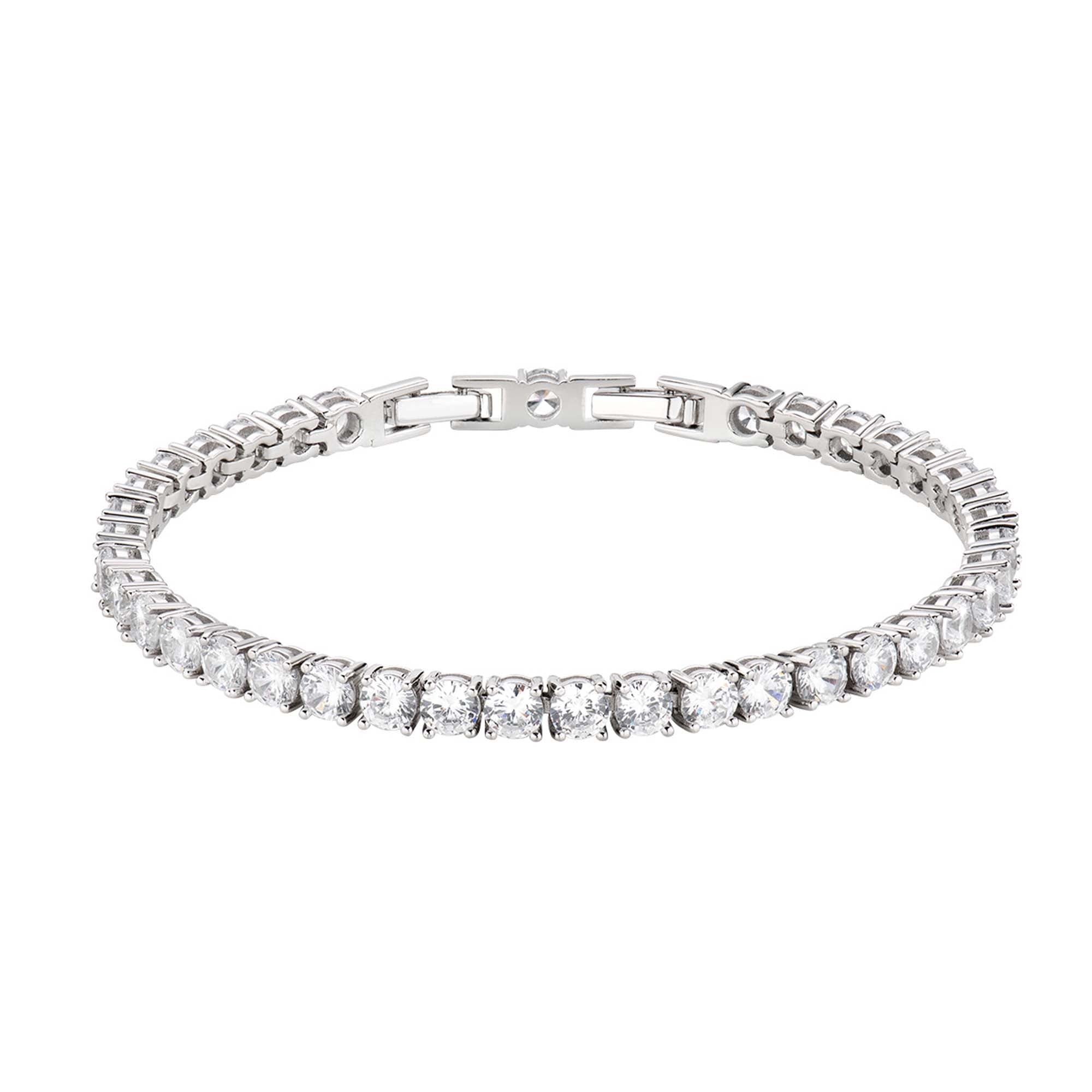 Amen Armband - Tennis: Dieses Unisex-Silberarmband von Amen aus 925er Sterlingsilber zeigt eine einzelne Reihe runder weißer Edelsteine und ist elegant auf weißem Hintergrund präsentiert.