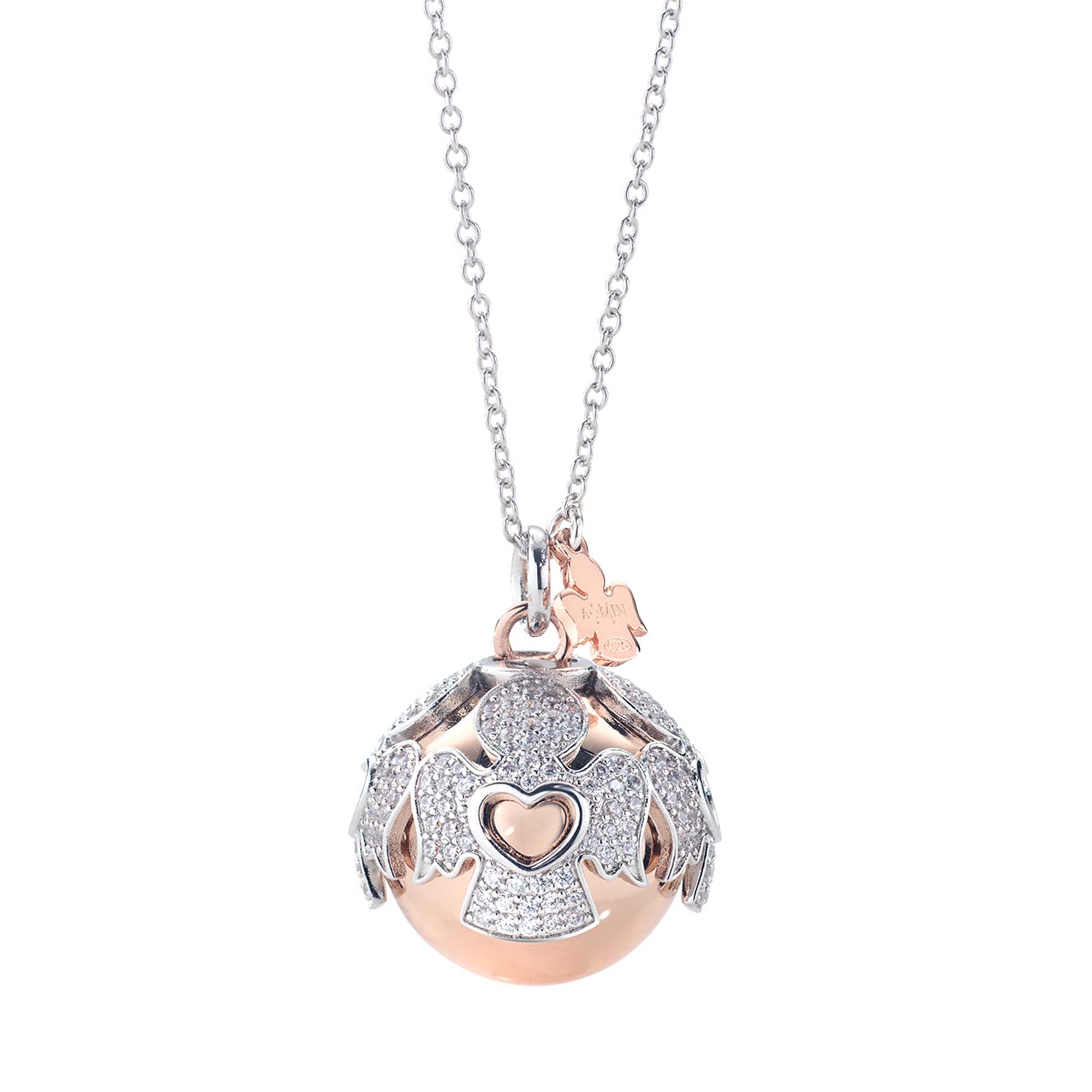 Amen Halskette - Engelsrufer von Amen: Eine Halskette aus Silber und Roségold mit einem Engelsanhänger mit Herzdetails, gefertigt aus 925er Sterling Silber und aufgehängt an einer zarten Kette.