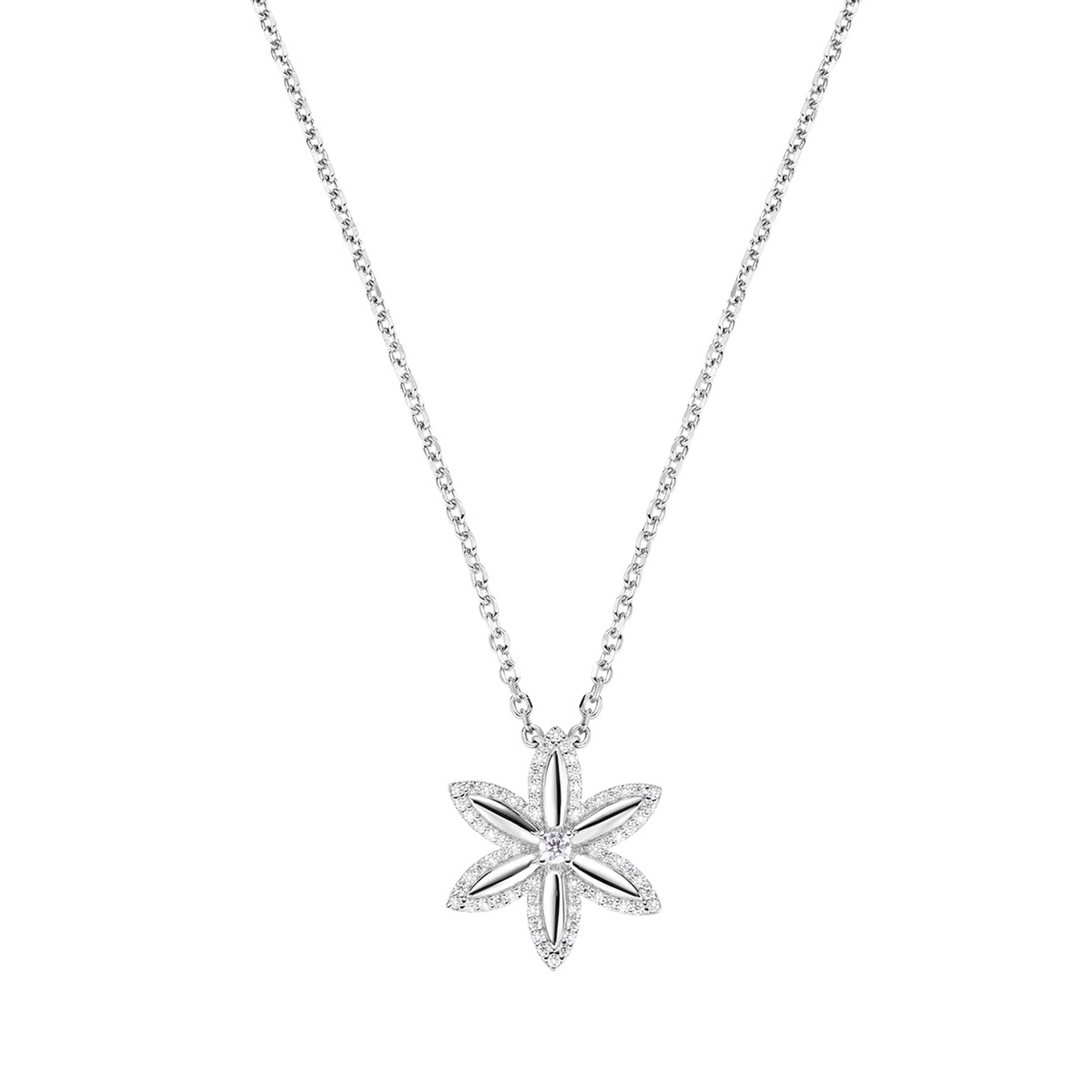 Die Amen Halskette - The Flower von Amen ist eine elegante Damenkette aus 925er Sterlingsilber mit sechsblättrigem Blütenanhänger, bei dem jedes Blatt mit kleinen funkelnden Steinen besetzt ist.