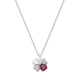 Amen Halskette - The Good Lucky von Amen: Damen Halskette aus 925er Sterlingsilber mit vierblättrigem Kleeblatt-Anhänger, Diamanten und rotem Edelstein.